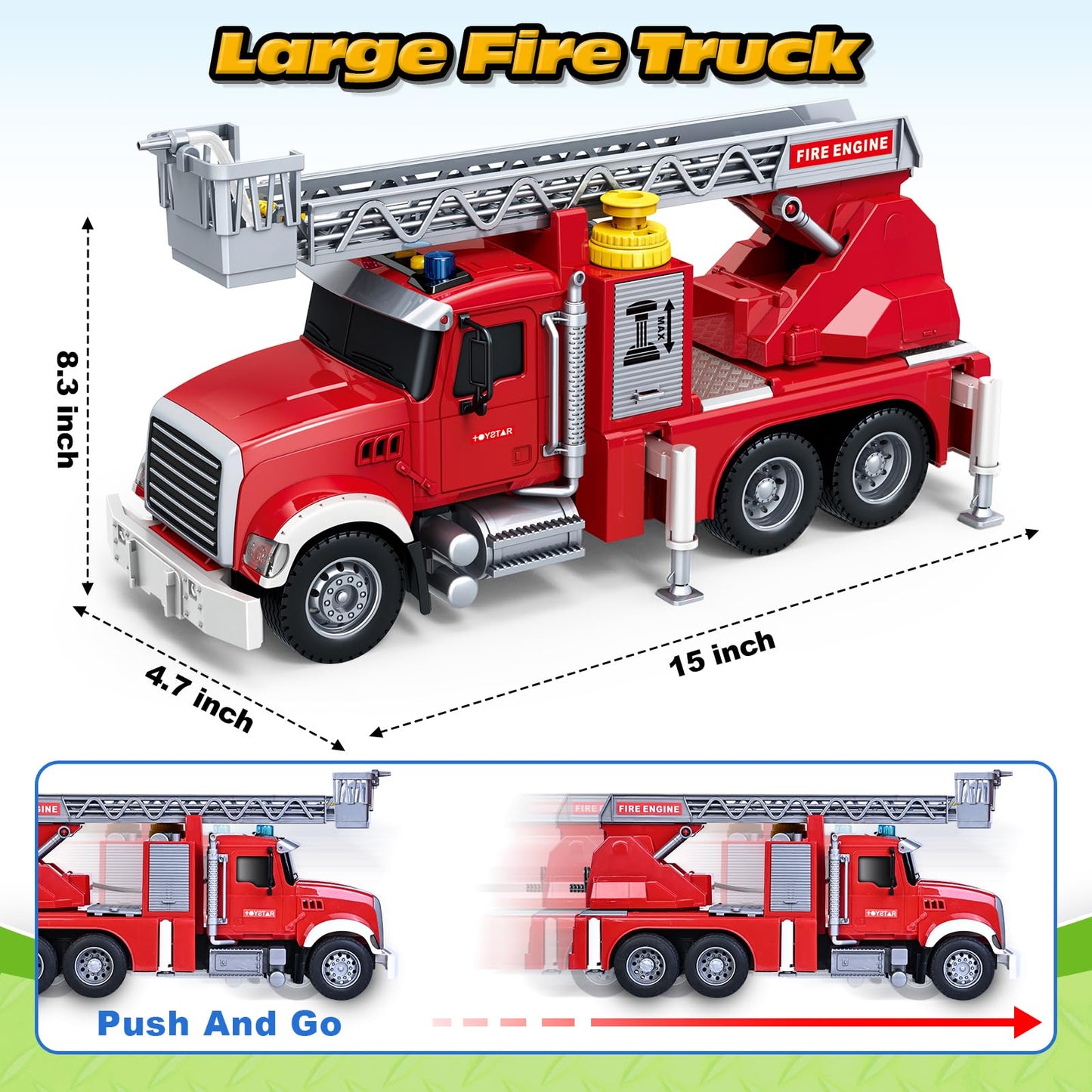 Kids Toys for 3 4 5 6 7 8 Years Old Boys, 15" Large Fire Truck Toy, Friction Powered Fire Rescue Truck Vehicle Toy with Lights and Sirens Sounds, Water Pump, Ladder, Birthday Gifts for Boys Girls
