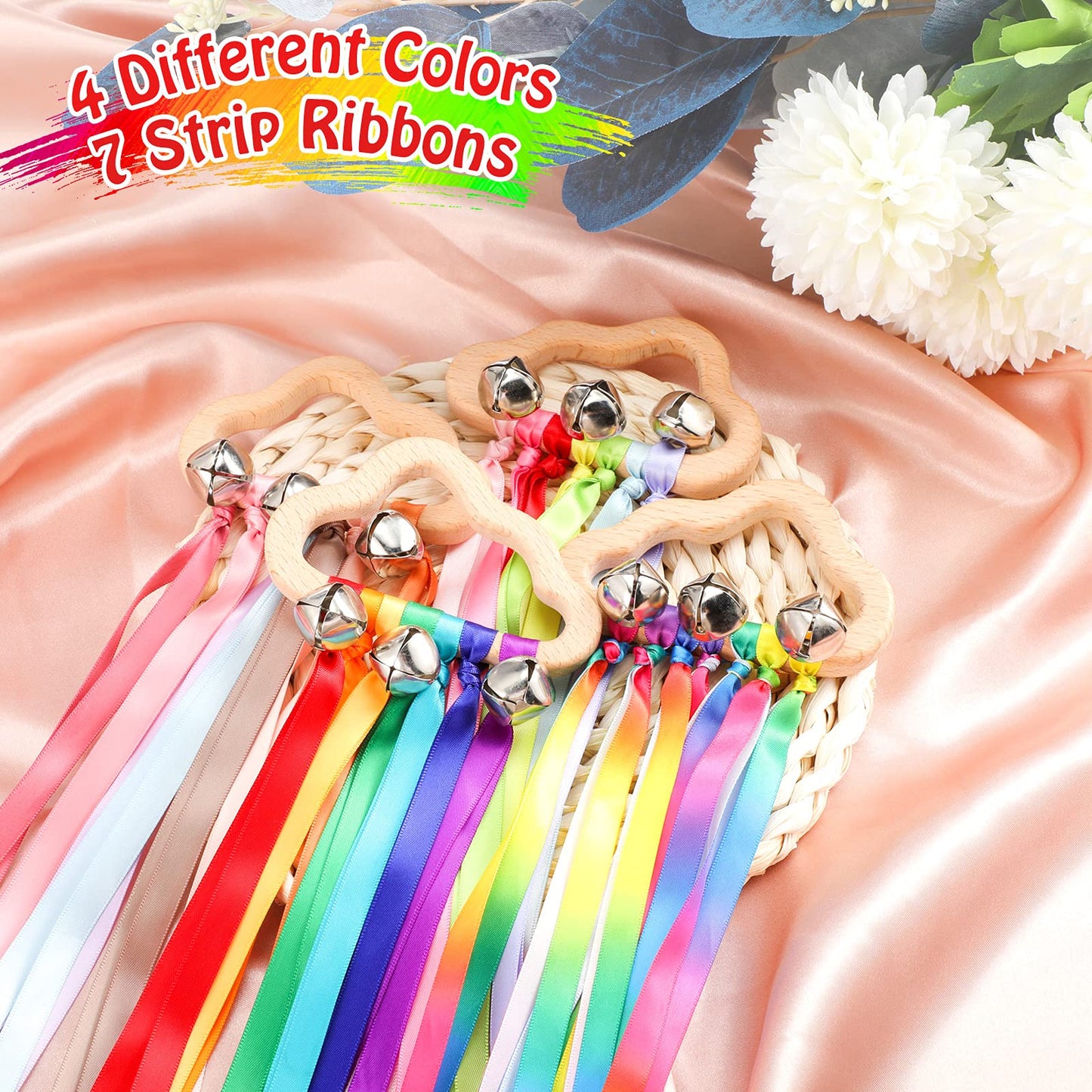 Aoriher 4 Pieces Rainbow Hand Ribbon Kite with Bells Wind Wand Dancing Ribbon Streamer Cloud Wood Sensory Toys Wooden Educational Toy for Party Birthday(Bright Colors)