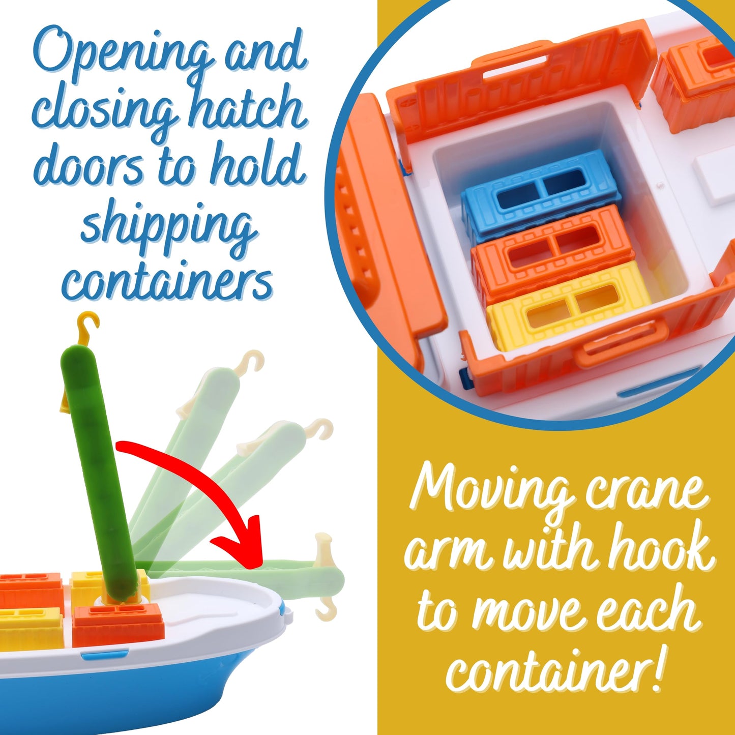 Toyland® 41cm (16") Colourful Cargo Ship with Moveable Doors, Crane & 6 Plastic Containers - Kids Floating Water Toy - Pool & Bathtime Toys - 3 Years+