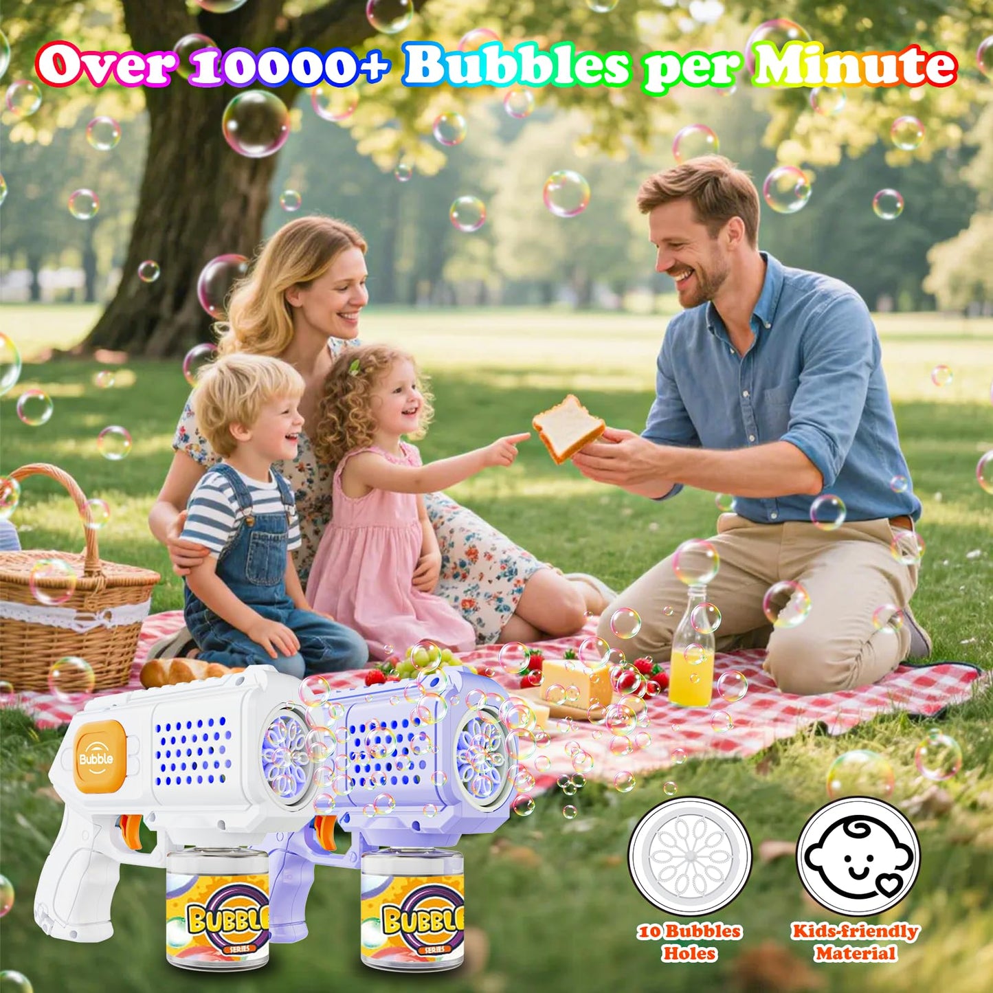 Panamalar 2 Packs Bubble Guns for Kids, Automatic Bubble Machine Gun 10000+ Bubbles/Min, 10 Holes Bubble Maker Toys with Solution/Light for Boys Girls Outdoor Wedding Party, Purple+White