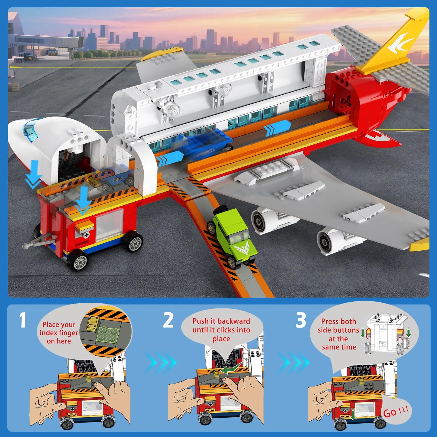 HOGOKIDS 2 Style City Airplane Building Set with LED Light - Plane Building Blocks Switch Passenger Cargo Projectile Toy with 3 Cars, Planes Model Toys Valentines Gifts for Kids Boys Girls Age 6-12+