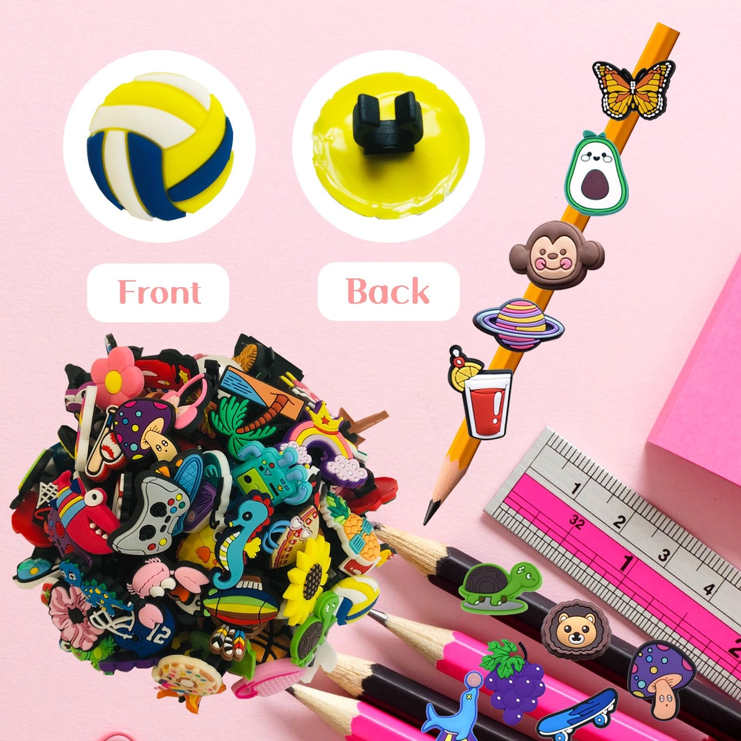JRONGHE 100PCS Pencil Toppers,Cute Pencil Charms for Kids Classroom Prizes & Decorations for School Supplies, Classroom Rewards Kids Incentives