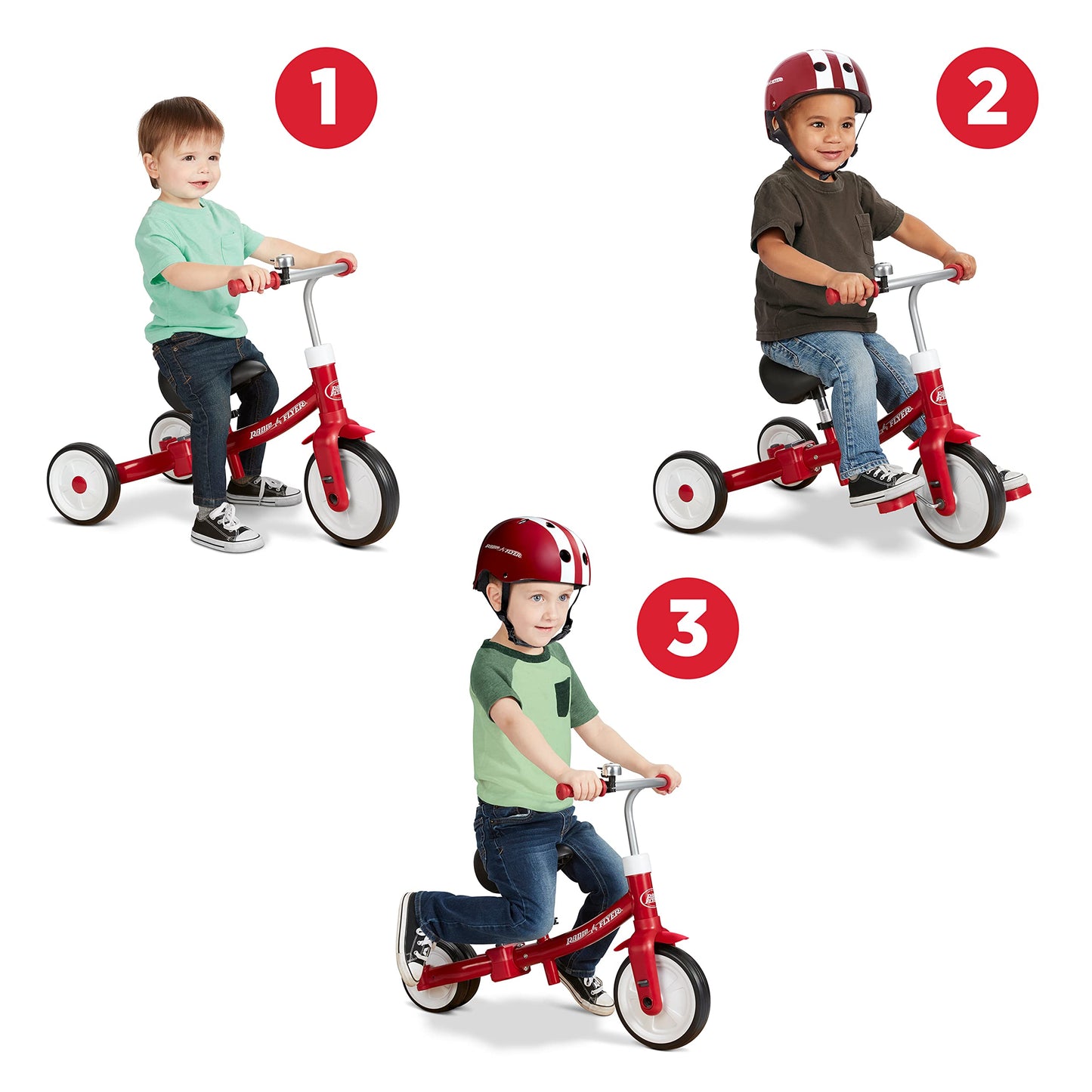 Radio Flyer Triple Play Trike, For Ages 1-3, 3-in-1 Ride-On, Tricycle or Balance Bike, Tool-Free Transformation, Adjustable Padded Seat, Pedal Storage, Ringing Bell, Steel Frame, Tricycle for Toddlers