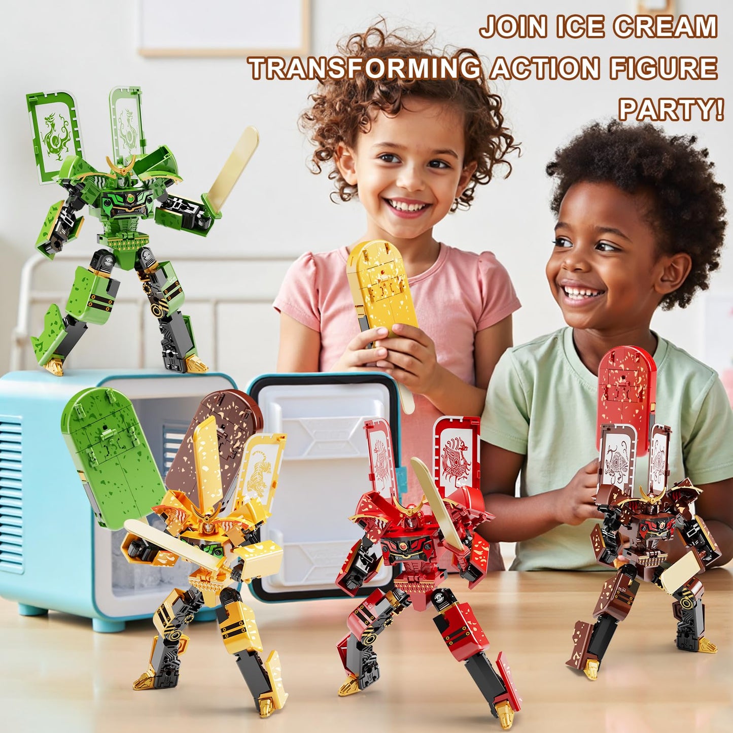 BOZOBO Ice Cream Transforming Toy, 2 in 1 Popsicle Transform into Robot Action Figure, DIY Transformation Figure Toys for Kids & Adults Action Figures for Boys Party Favors Gift (Brown)