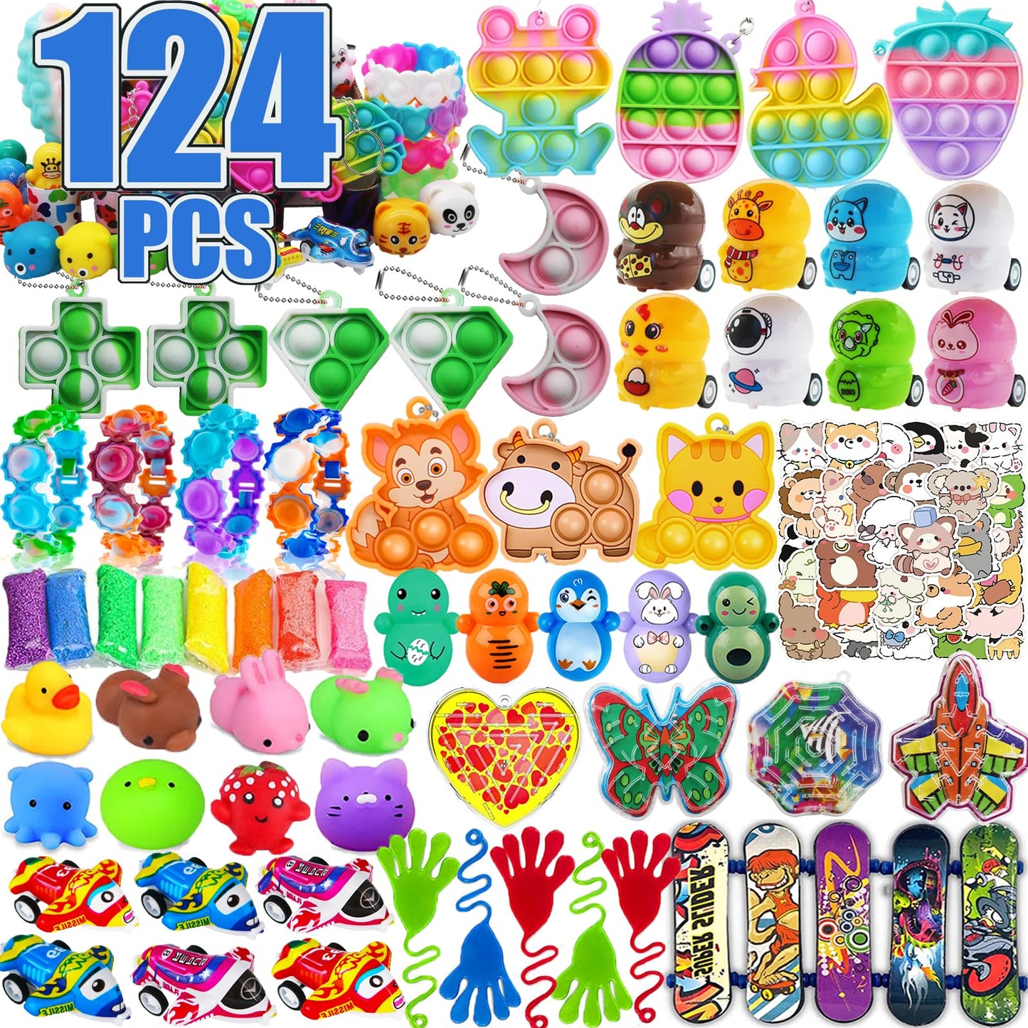 Pebatoor 124 PCS Pop Party Favors for Kids, Fidget Treasure Box Toys for Classroom, Pinata Filler, Treasure Chest Carnival Prizes, Goodie Bag Stuffers, Prize Box Bulk Toys for Boys Girls 4-8-12