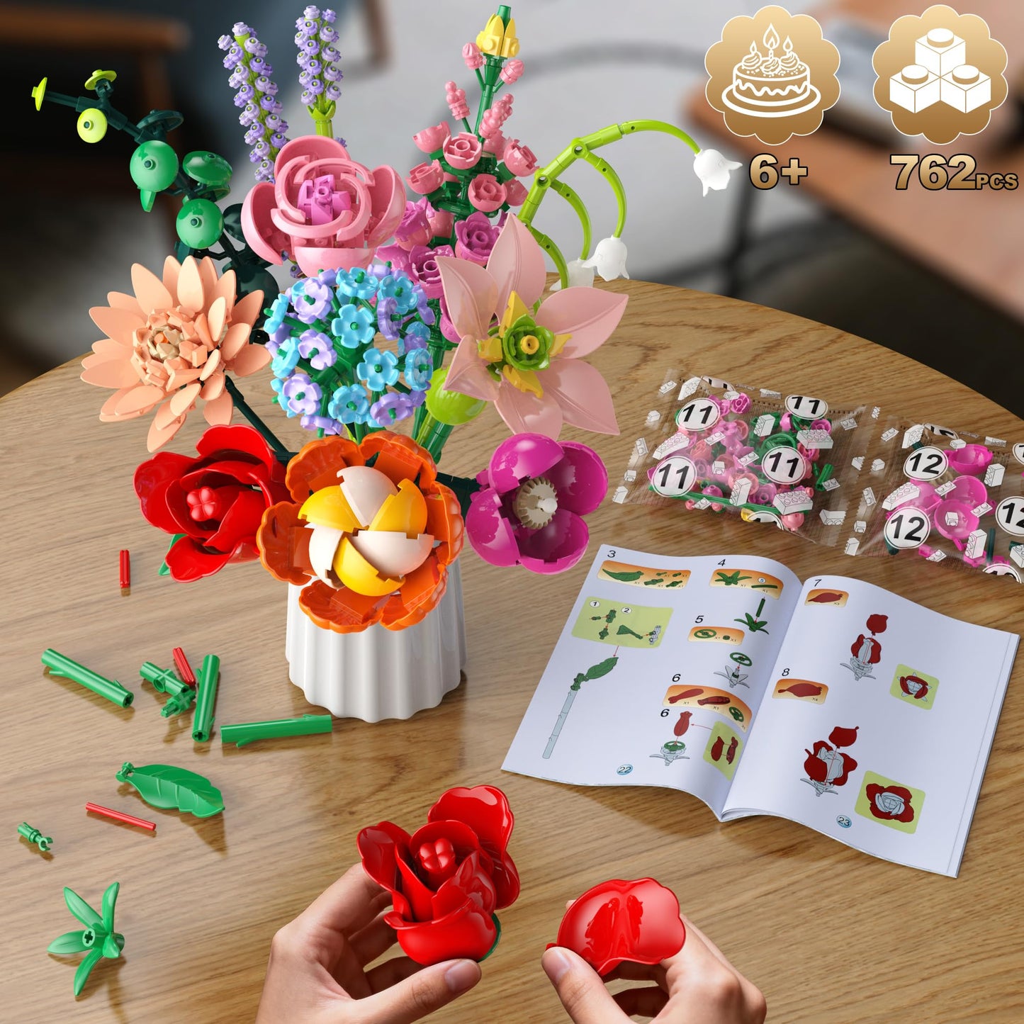 Flower Bouquet Building Set, 762Pcs Flowers Model Kit Creative STEM Toy for Home Office Decor, Valentine's Day/Birthday/Mother's Day for for Women Kids Girls