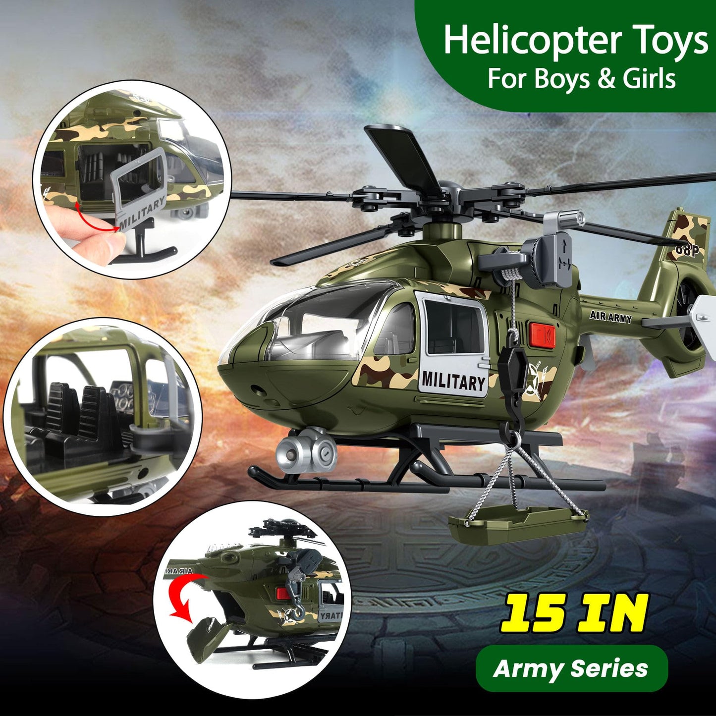 Military Helicopter Toy for Boys with Hanging Basket Toy Airplane with Lights and Sound Rescue Vehicles Toys for Kids Aged 3 4 5 6 7