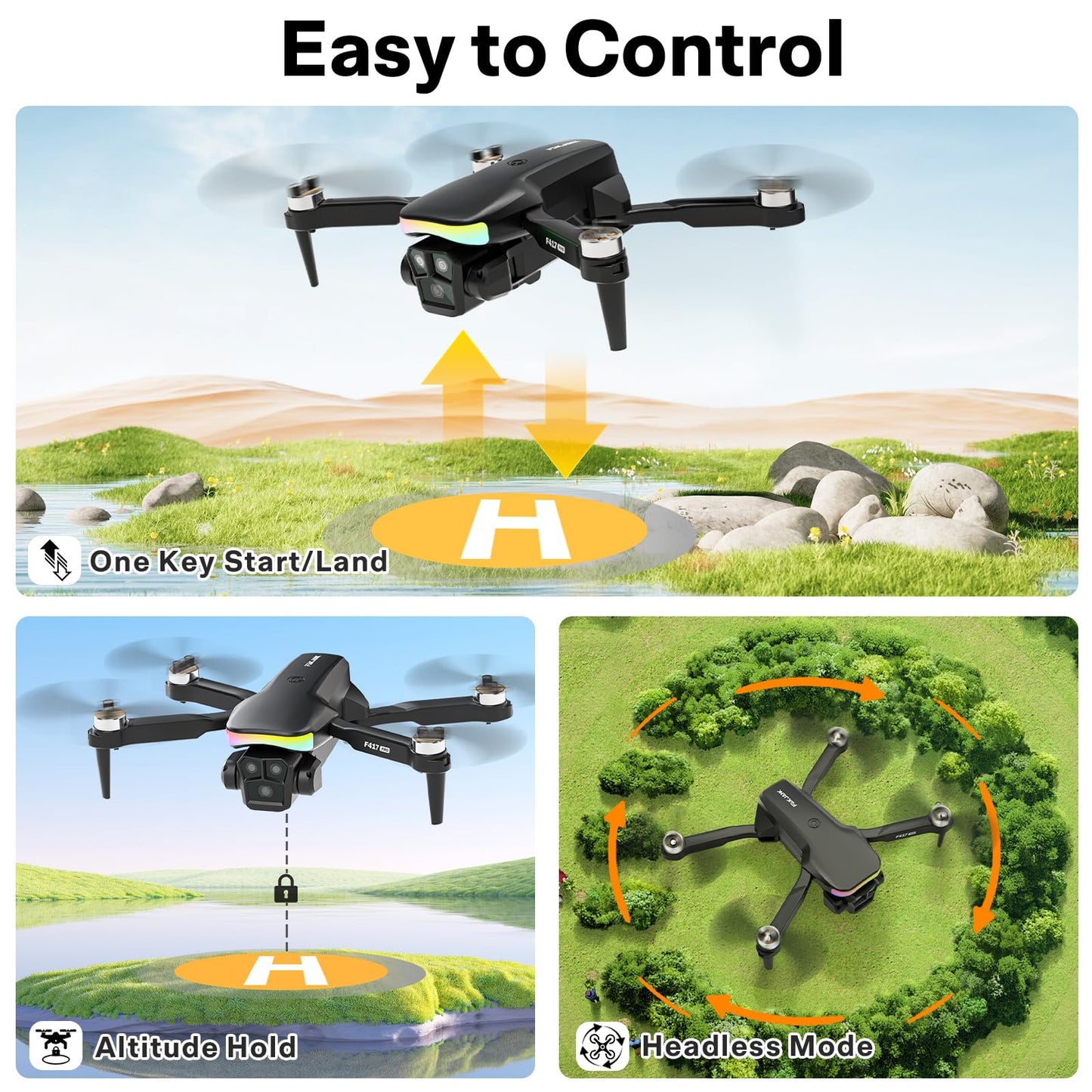 F417PRO Drone with 4K Camera Screen Remote Control,RGB LED Light FPV Drone Quadcopter for Adults Beginners,Headless Mode Altitude Hold Optical Flow Positioning,One Key Start/Land Foldable