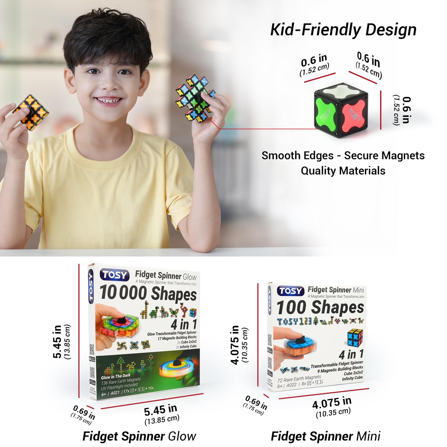 TOSY Magnet Fidget Spinner Glow - 16 Blocks, 3in1 Toy: Transformable Fidget Spinner, Infinity/Puzzle Cube, Easter Basket Stuffers Gift for Kids/Adults, Glowing STEM Sensory Stress Relief, 2-Pack