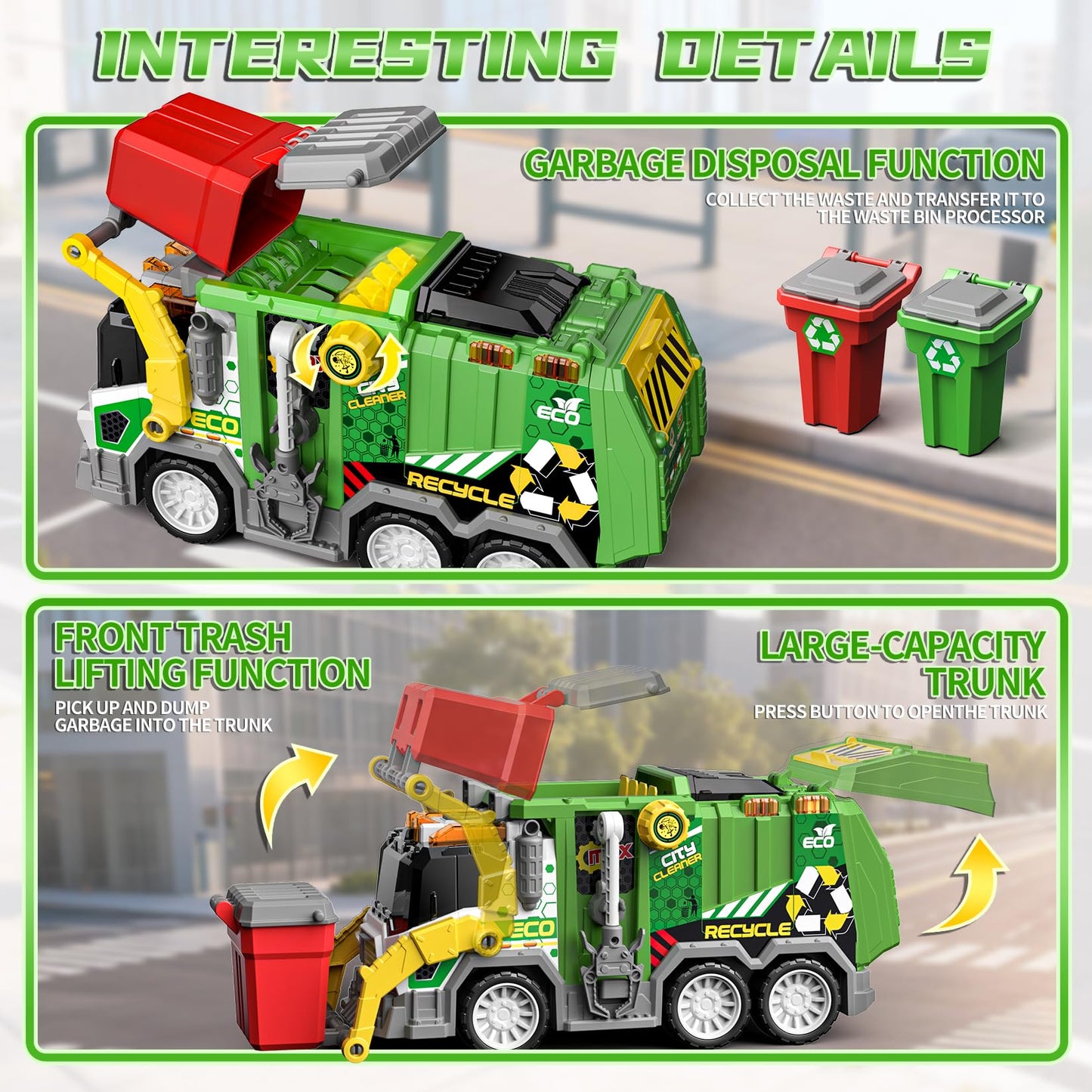 BLUEYAK Large Friction Powered Garbage Truck Toy Set with Light & Sound - ECO City Cleaner with Recycle Dumpster, 4 Color-Coded Trash Bins & 2 Ejection Cars, Ideal Birthdays for Toddlers Boys Girls