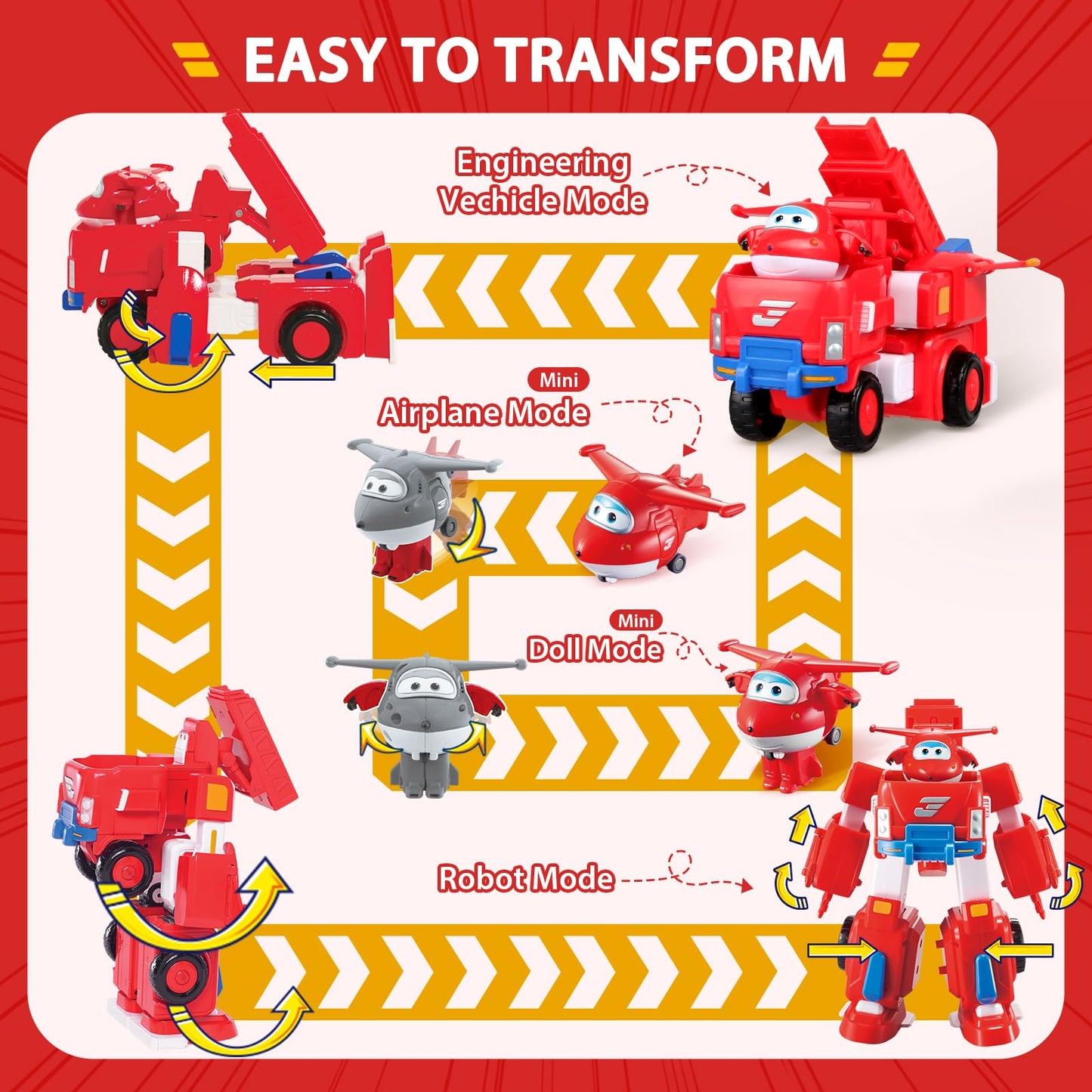 Super Wings Transformable Toys, 7" Jett Robot Suit and 2” Scale Transforming Jett Mini Action Figure,2-in-1 Mode Vehicle and Robot, Vehicle Playset for Kids 3+,Gifts for Boys and Girls,Red