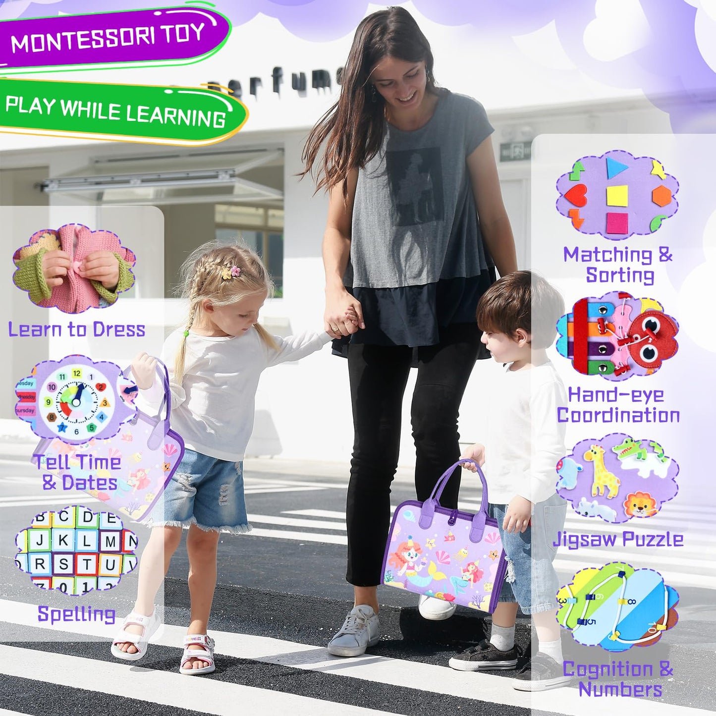 Esjay Toddler Busy Board Montessori Toys, Sensory Board Educational Activities for Learning Fine Motor Skills, Birthday Gifts for Toddlers, Travel Toys for Airplane Car, Purple Merpeople