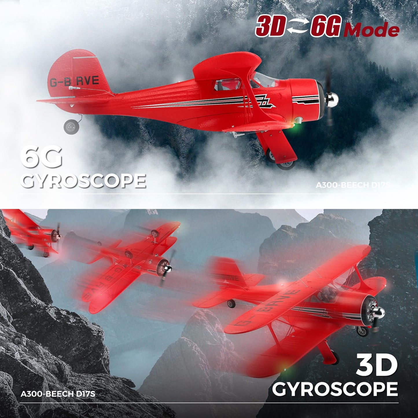 CKYSCHN WLtoys A300 4-Ch RC Plane, Beechcraft D-17 RC Airplanes with Lights, 6G/3D Brushless RC Planes with 2 Batteries, 2.4G Remote Control RC Airplanes Gifts for Adults