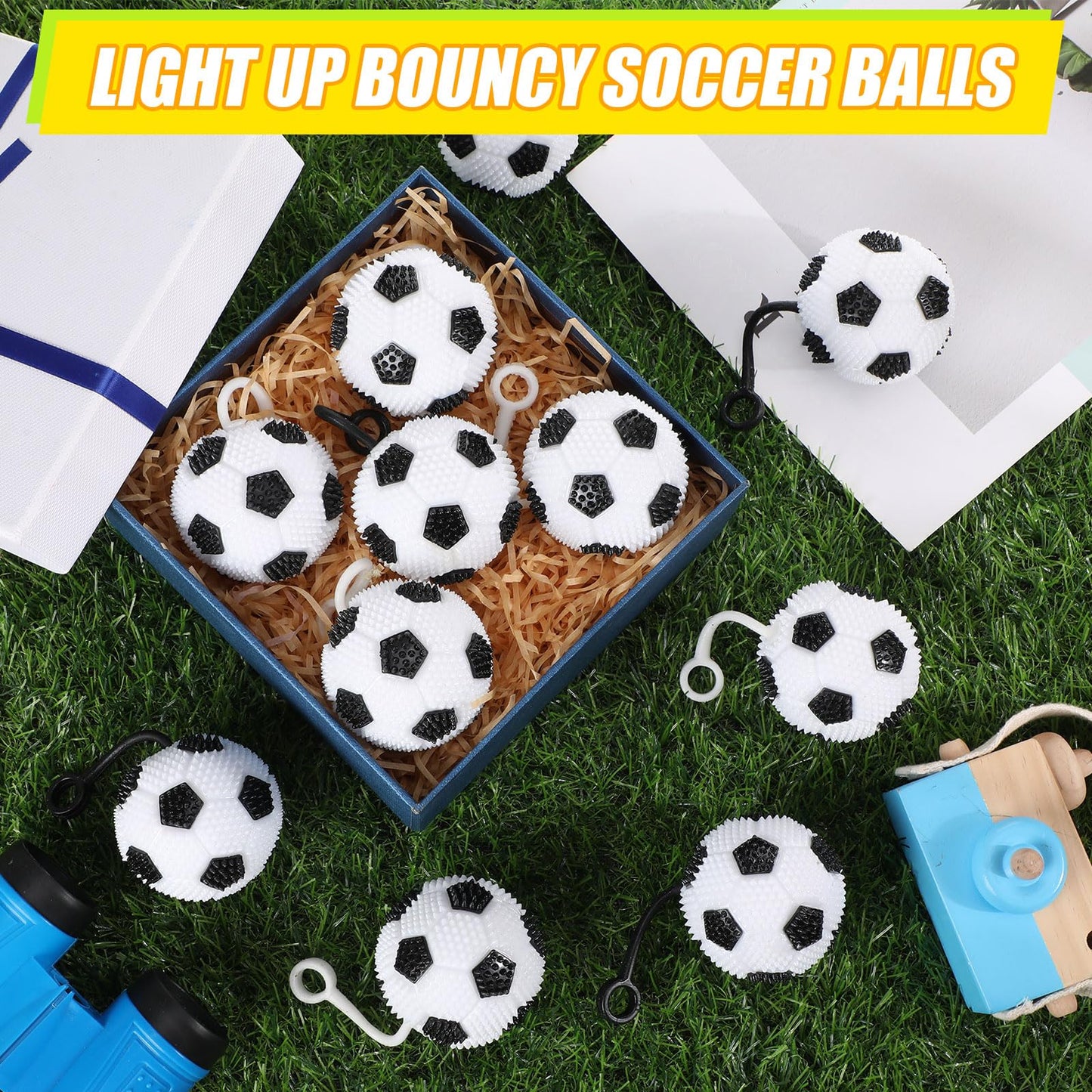 Sotiff 36 Pcs Light up Stress Soccer Ball Bulk Bouncy LED Flashing Squeaky Sensory Ball with Rope Rubber for Carnival Gifts Glowing Birthday Party Favors Valentine Gift Exchange Goodie Bag Grad Gift