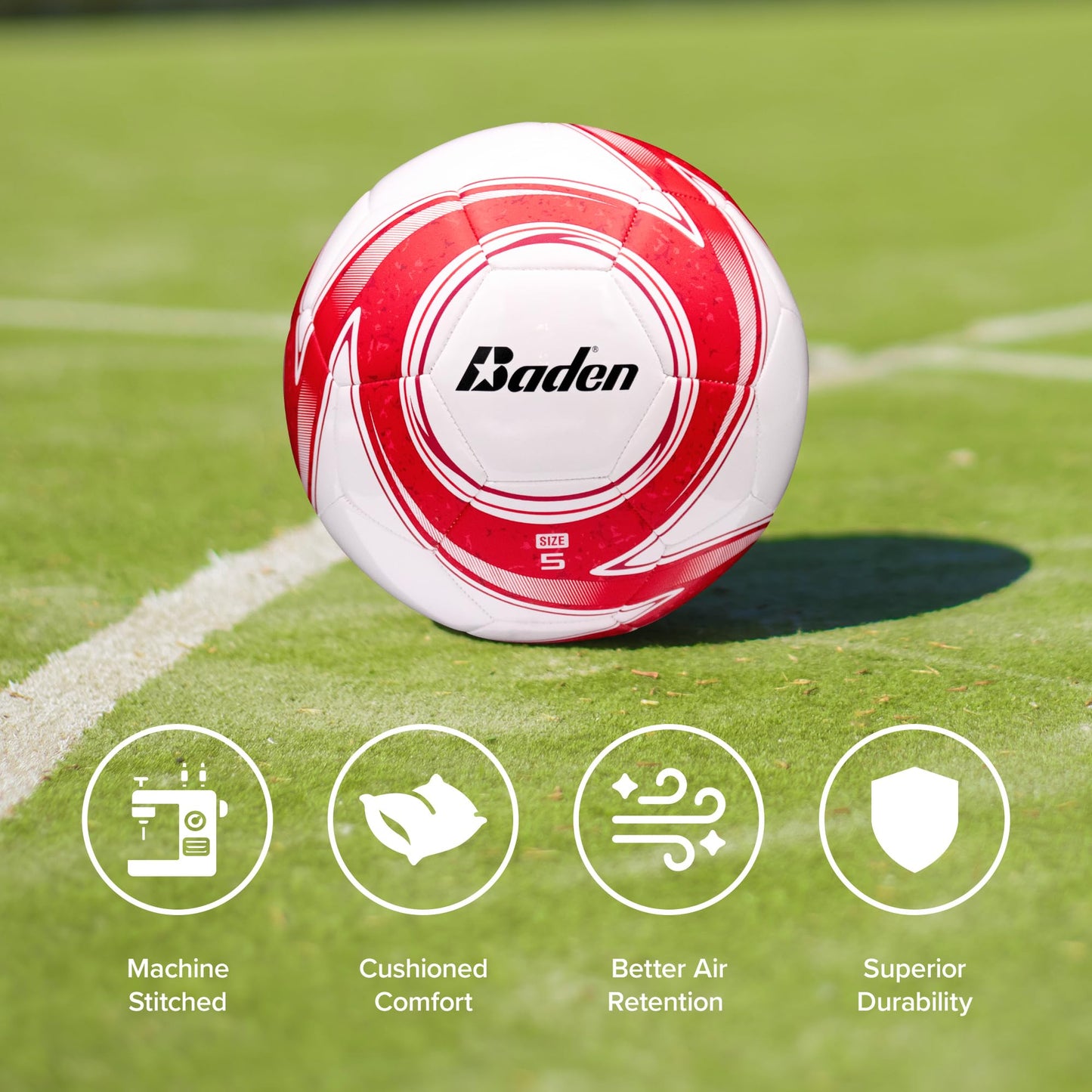 Baden Z-Series Soccer Ball – Size 3, 4, or 5 – Machine Stitched Durable Ball for Outdoor Play, Camps, Practice & Training – Cushioned Cover with Reinforced Bladder (Red, Size 3)