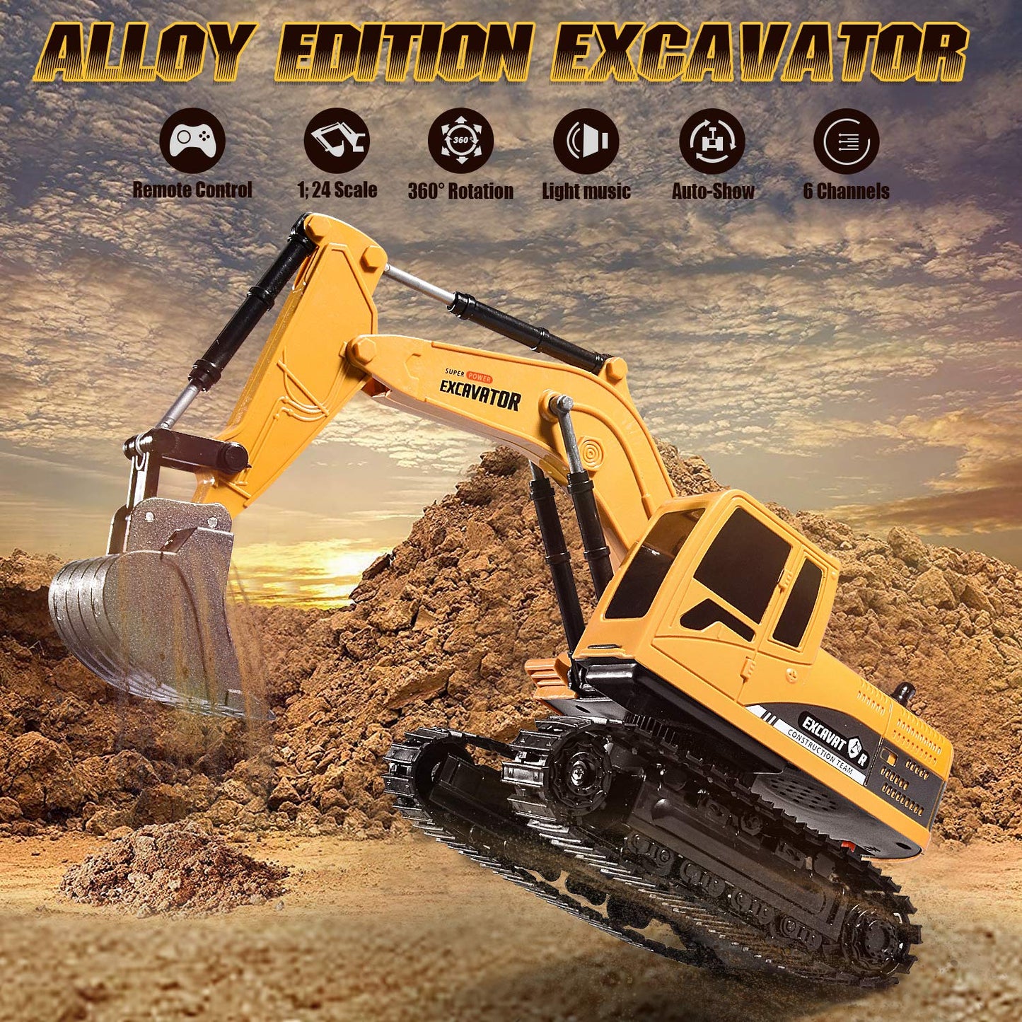 Onadrive Construction Excavator Toy - Kids Toy Engineering Digger Truck, Remote Control Rechargable Hydraulic Car for 3 4 6 7 8 Year Old Boys Girls, Educational Toys for Kids & Children