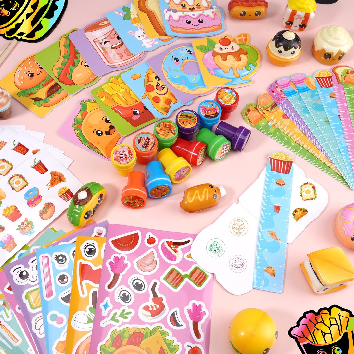 BenLouis 168 Pcs Fast Food Party Favors Snacks School Stationery Bulk for Kids Classroom Donut Birthday Gift Candy Goodie Bag Fillers Pizza Food Drink Decor Pinata Prize Activity Supplies