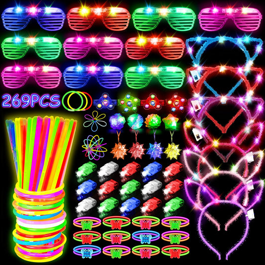 MIBOTE 269Pcs Led Light Up Toys Party Favors Glow in the Dark Party Supplies for Kid/Adults with Light Up Glasses,Headband,Rings,Bracelets,100 Glow Sticks Bulk Party Pack DIY Glow Neon Party Supplies