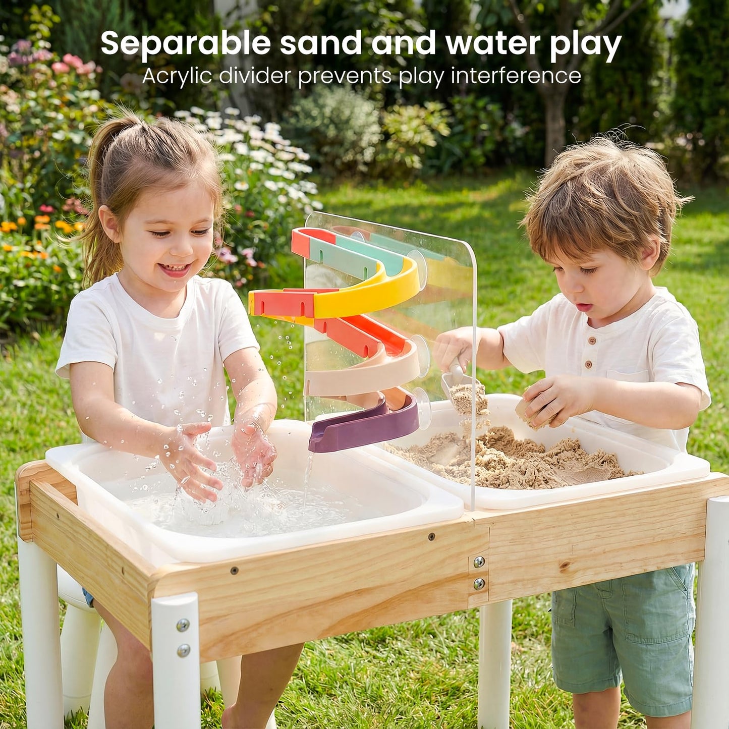 Woodtoe Sand and Water Table for Toddlers, Wooden Sensory Play Activity Table with Dinosaur Puzzle, 2 Collapsible Bins, Acrylic Board & Water Track Toys, Summer Outdoor Toys Kids Playset for Age 3+