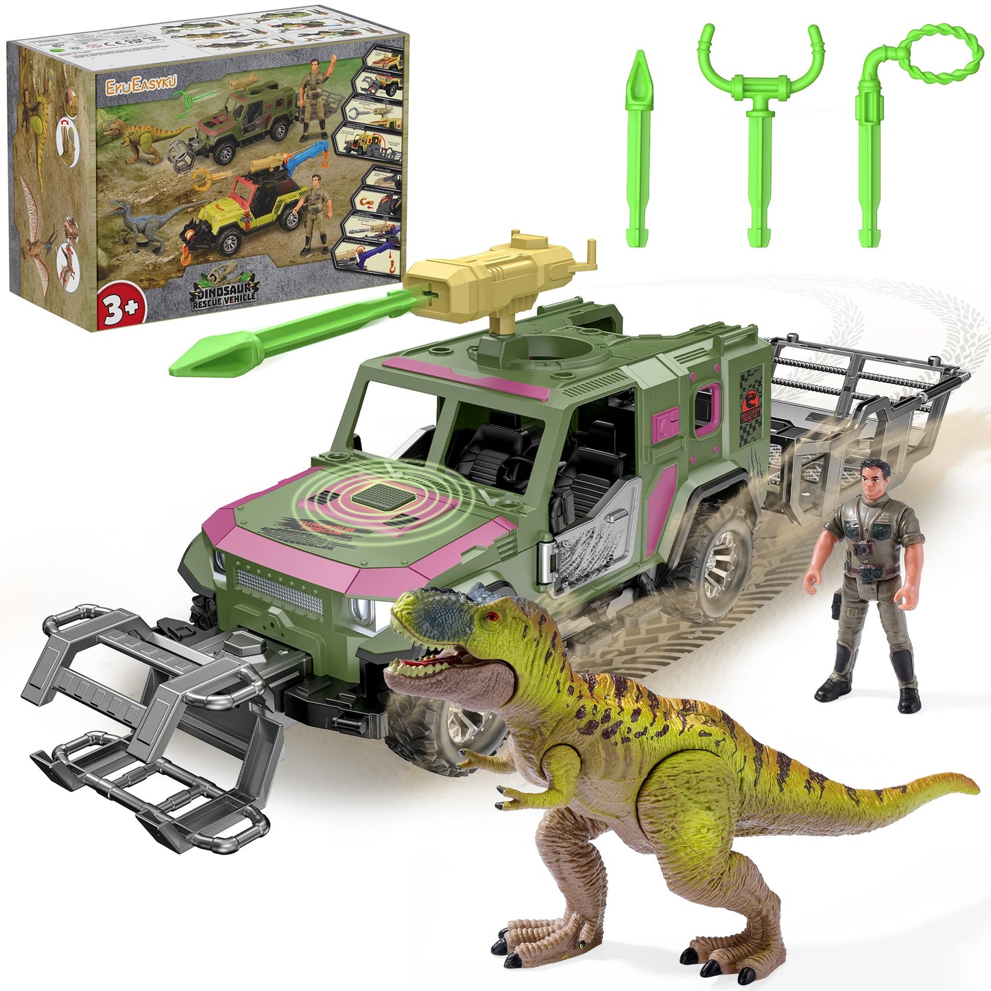 EKU Dinosaur Toys Rescue Truck with Human, 10 Realistic Sounds, 15ft Launch, Clamp, Chomping T-Rex Dinosaur for Jurassic World Role Play Transport Adventure Playset for Kids 3+