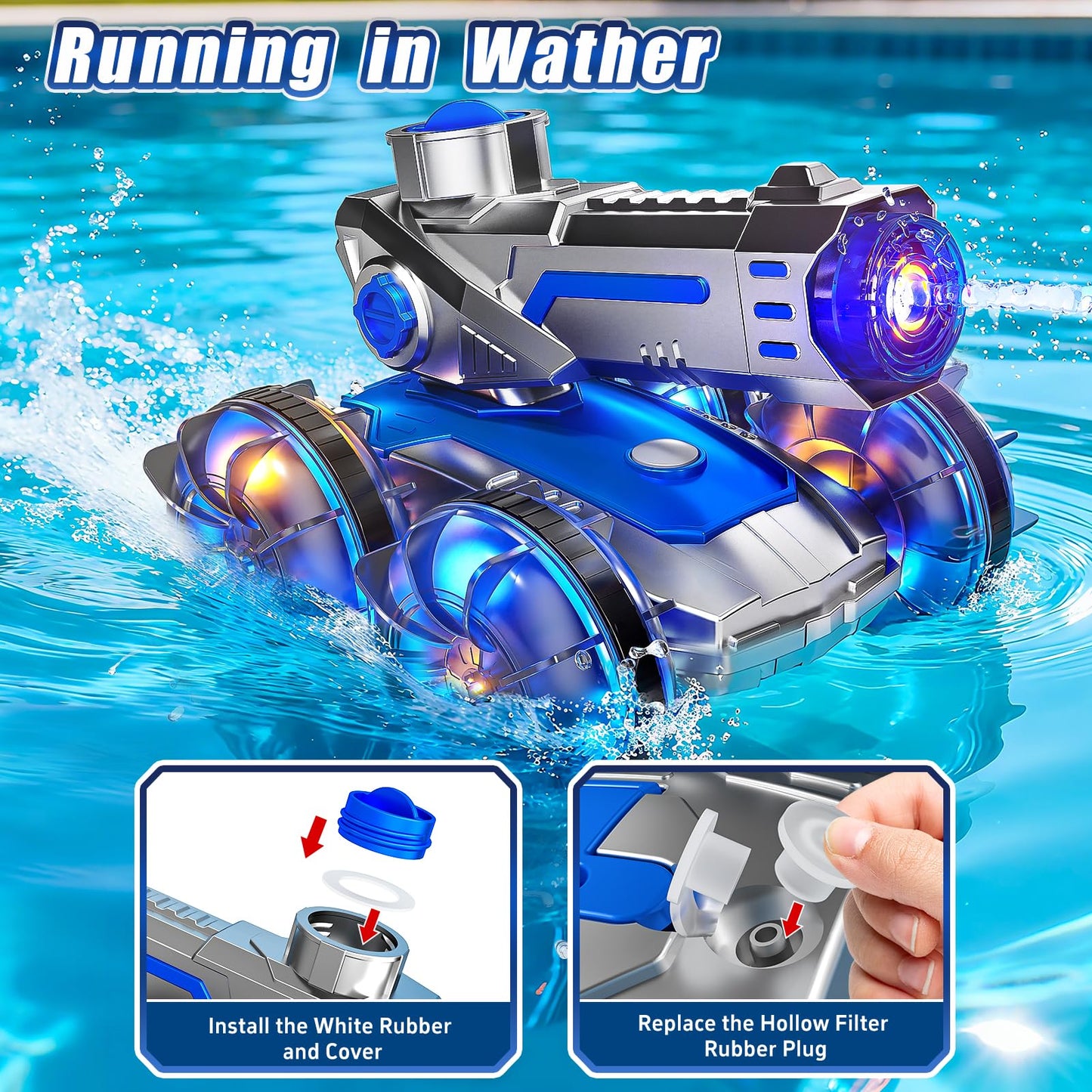 Novaluki Amphibious Remote Control Car, RC Stunt Car with Water Gun and Lights, Waterproof RC Boat Pool Toys for Kids Ages 4-8, Birthday for Boys Girls 8-12 Years Old