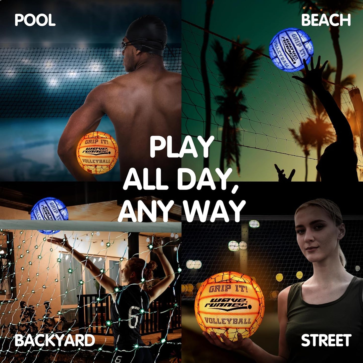 Wave Runner Grip-It Glow in the Dark LED Volleyball — Waterproof Light-Up Ball for Beach, Pool & Night Play — Sure-Grip Texture, Soft-Impact, Outdoor Sports Toy for Kids, Teens & Adults