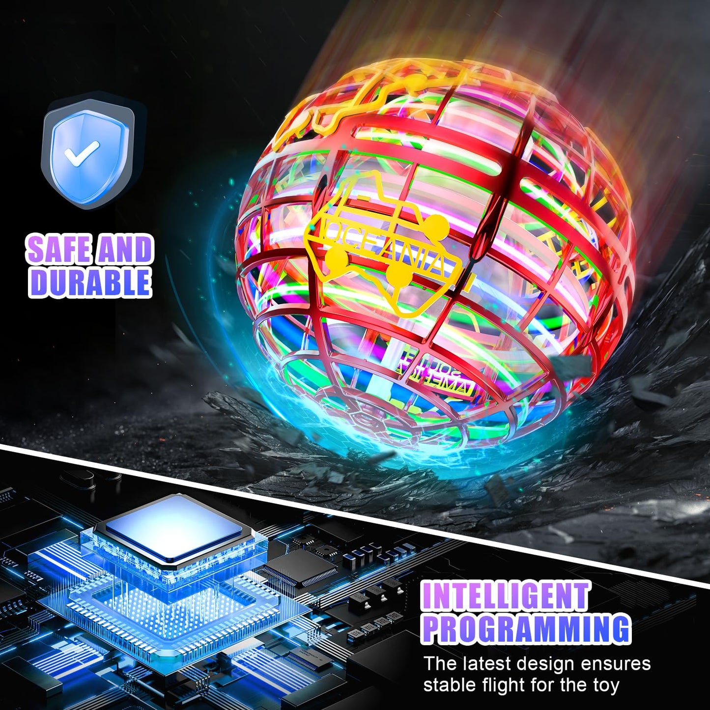 RIEYON Flying orb Ball 2025 Hover Boomerang Ball 6 Lighting Effects Cool Toys Gift for 678910+ Year Kids Teen Adults Indoor Outdoor Flying Ball Toy