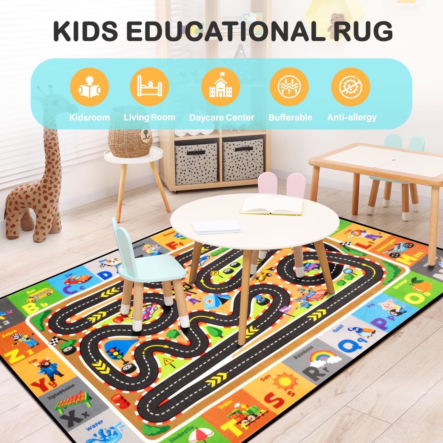Diysani Race Track Car Rug 4x6FT Road Rug for Kids Toy Cars Non-Slip Play Carpet Baby Play Mat for Floor Washable ABC Alphabet Playroom Nursery Preschool Daycare Classroom Carpet