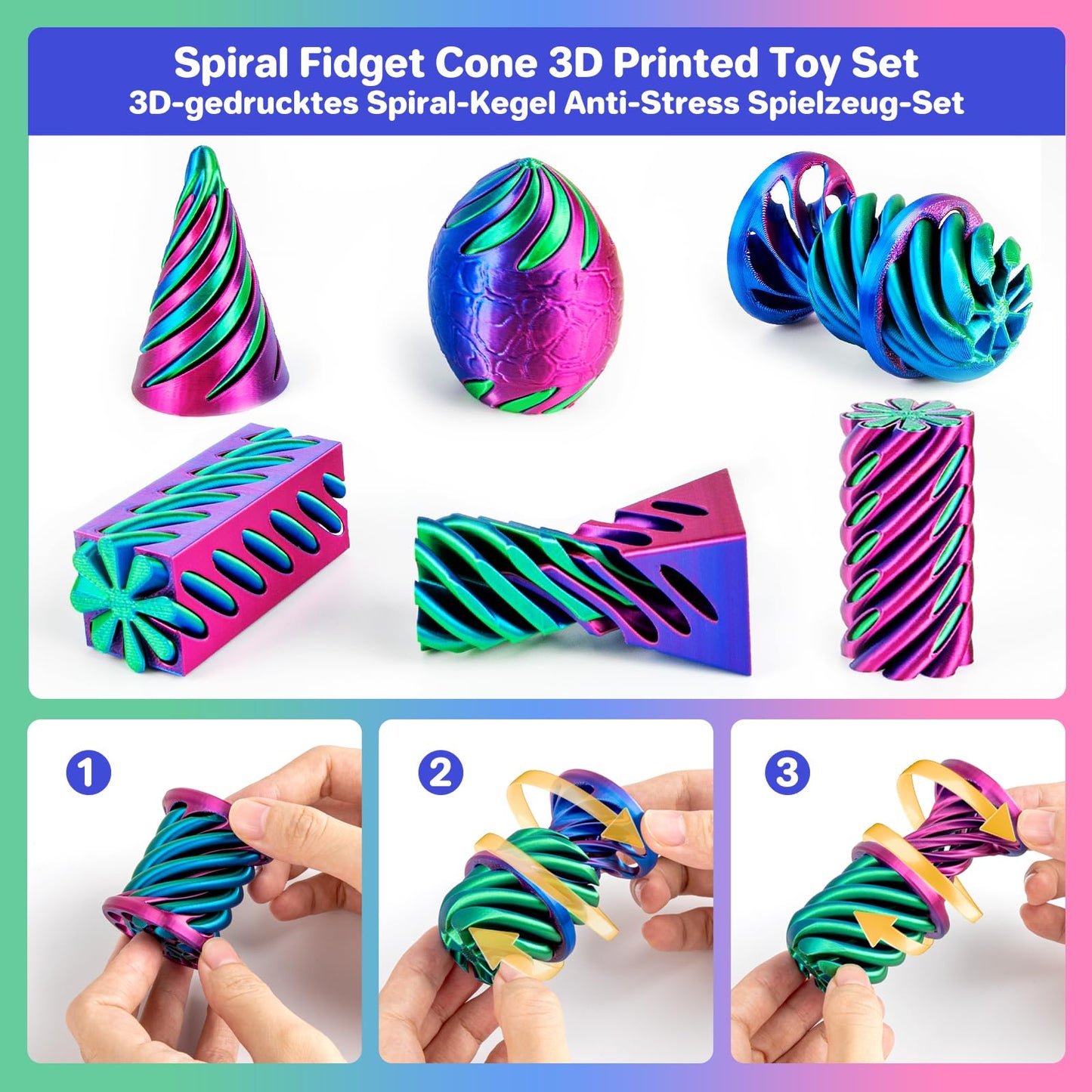 dikale 6 Packs Spiral Cone 3D Printed Fidget Toy Set, Flexible Impossible Cone Pyramid Passthrough Toys for Stress Relief, Fun Desk Deco Relaxing Gift for Kids Adults, Rose Red+Blue+Green