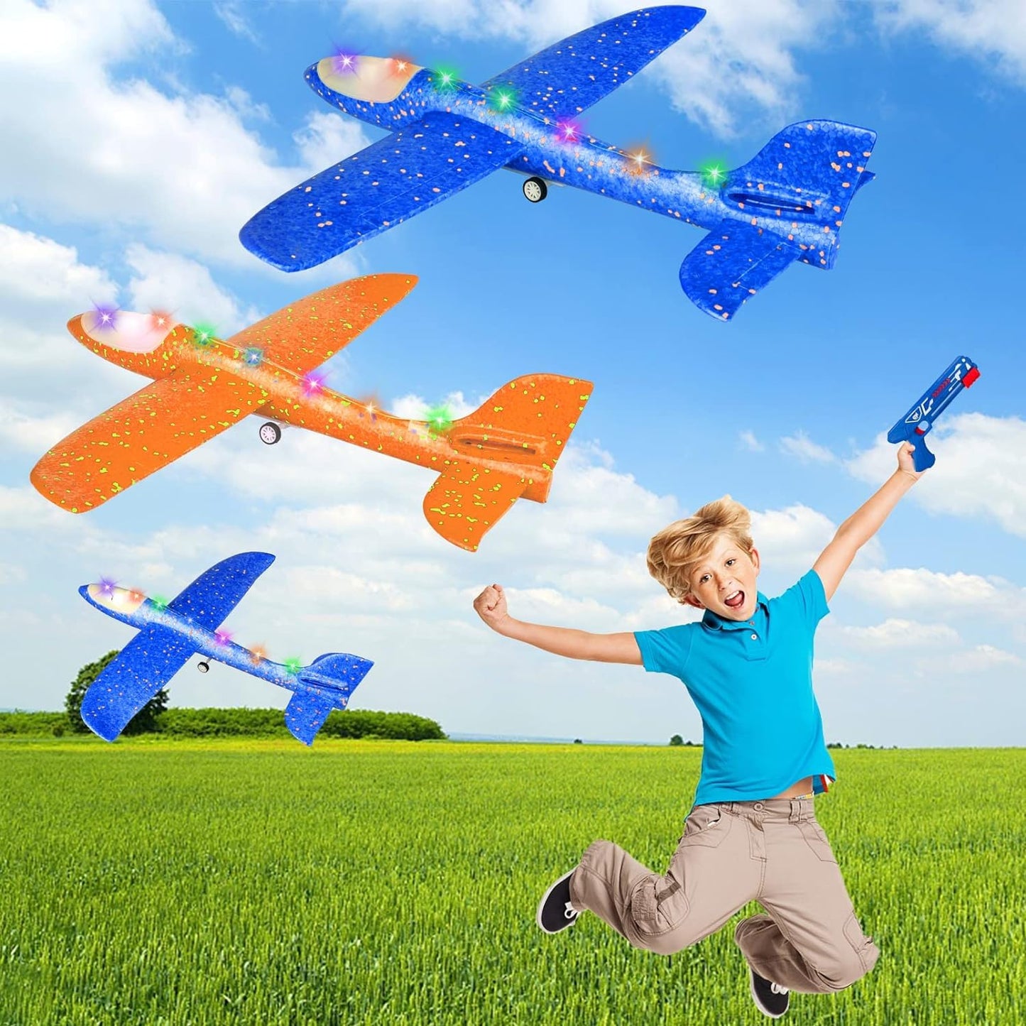 BAREEK 3 Pack Airplane Launcher Toy for Kids 13" Led Foam Glider Catapult Plane Kids Outdoor Toy 2 Flight Mode Foam Led Airplanes Outdoor Flying Toy 3 4 5 6 7 8 9 10 11 12 Old Boys Girls Birthday Gift