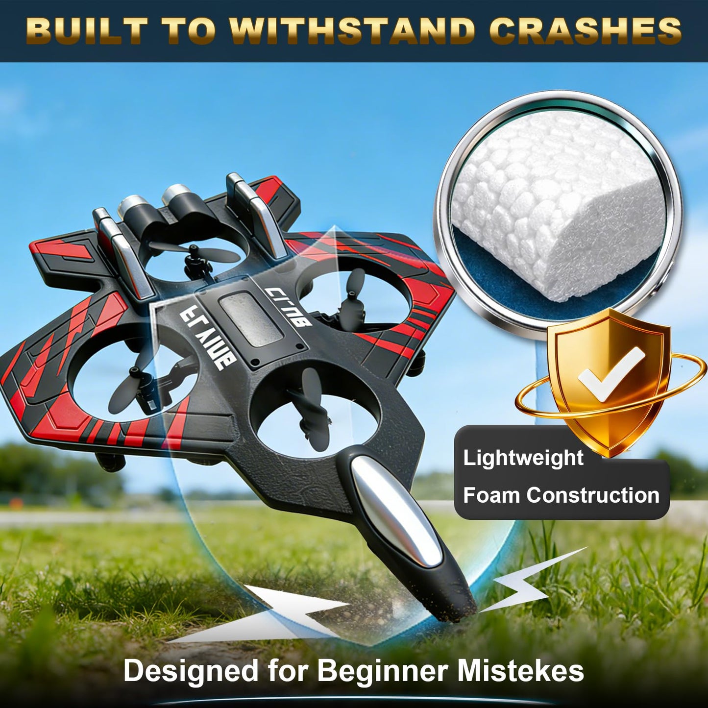 Foam RC Airplane for Kids & Adults, Easy to Fly Remote Control Fighter Jet with LED Lights, 360° Flip Stunt RC Plane, Durable EPP Foam, 2 Batteries, Outdoor Airplane Toy Gift for Boys Ages 8-16