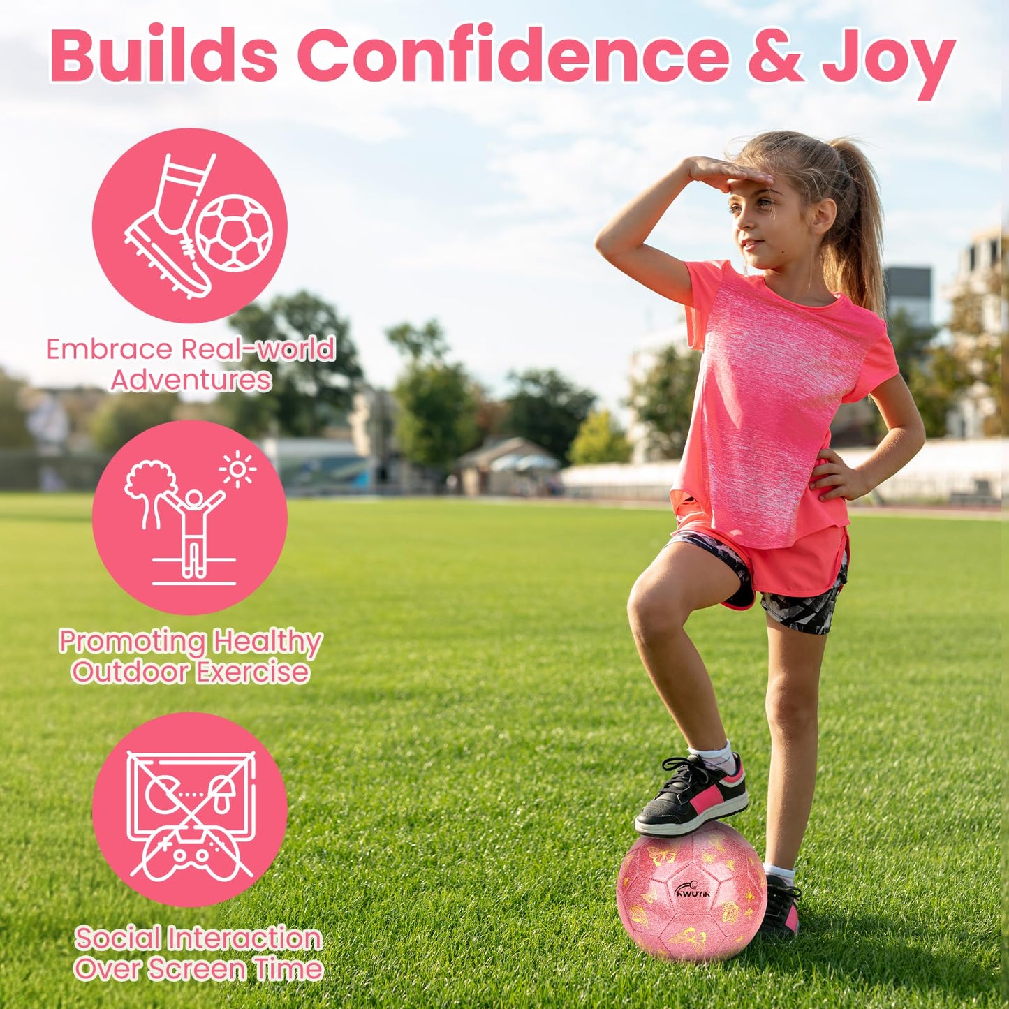 OKWUYiK Kids Soccer Goal Set with Size 3 Pink Glitter Butterfly Soccer Ball and Pump Toddlers Ages 3-5 Indoor Outdoor Backyard Training Gift Boys Girls
