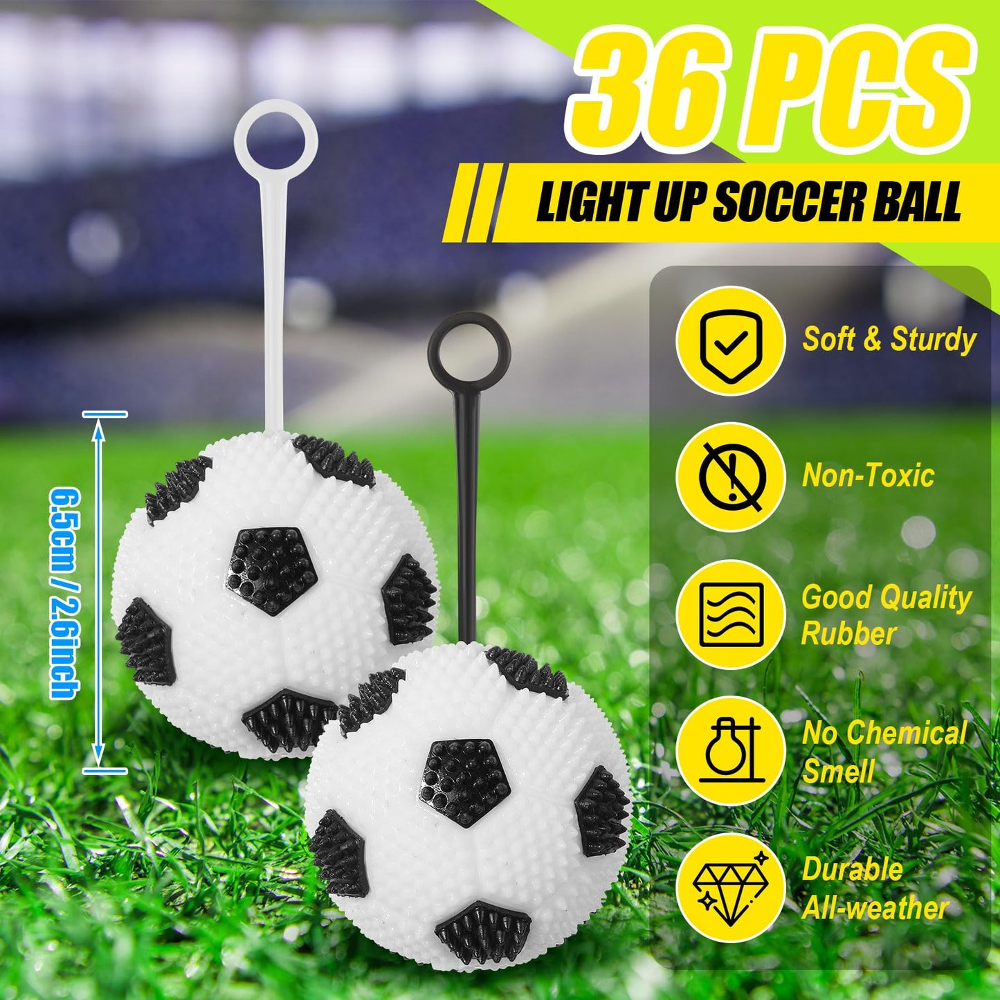 Sotiff 36 Pcs Light up Stress Soccer Ball Bulk Bouncy LED Flashing Squeaky Sensory Ball with Rope Rubber for Carnival Gifts Glowing Birthday Party Favors Valentine Gift Exchange Goodie Bag Grad Gift