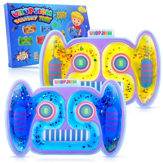 UIIOPJIOM 2PC Autism Sensory Toys Easter Basket Stuffers for Boys, ADHD Autistic Airplane Travel Toys, Cool Squishy Robot Fidget Tube Stress Relief Toy for Classroom (Blue&Yellow)