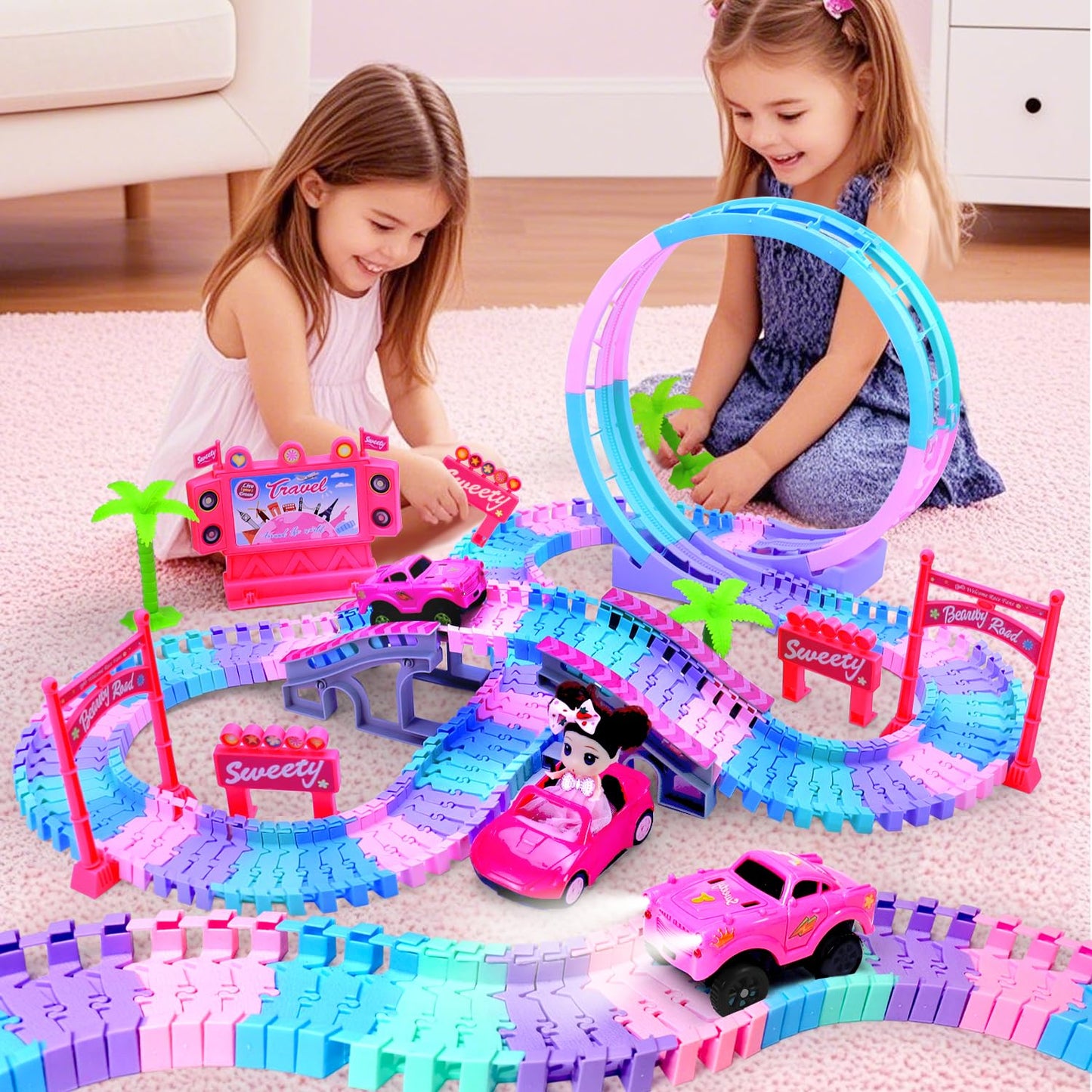 SCKTYZS Tracks Car Toys for 3 4 5 6 Year Old Girls Kids,177 PCS 360°Rotating Track Flexible Car for Girls 3-5 Toddler Flex Track Race Cars Toys Birthday Gifts