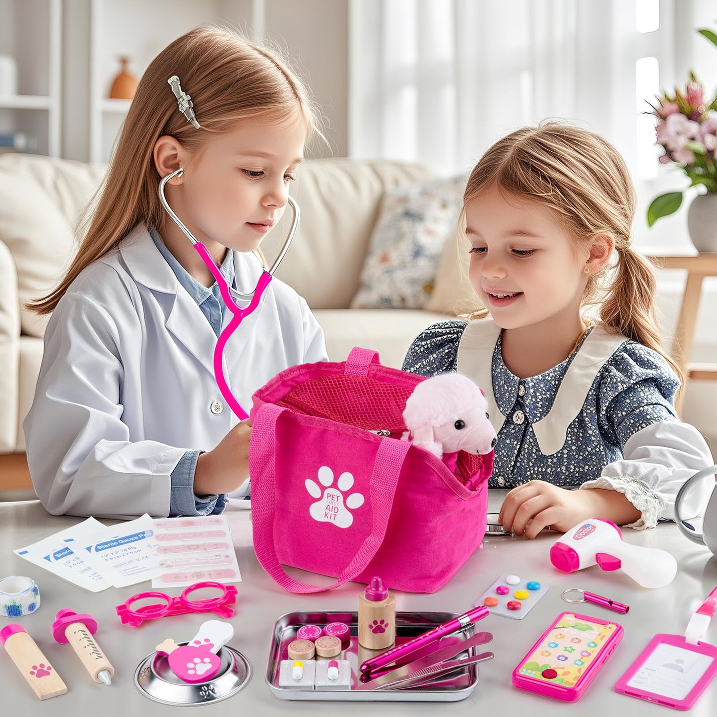 Doctor Kit for Girls, 36 Pcs Veterinarian Playset for Kids, Doctor Kit for Toddlers 3-5 with Dog Toy & Real Stethoscope, Kids Vet Kit Pretend Play Doctor Toys, Doctor Play for Boys Girls