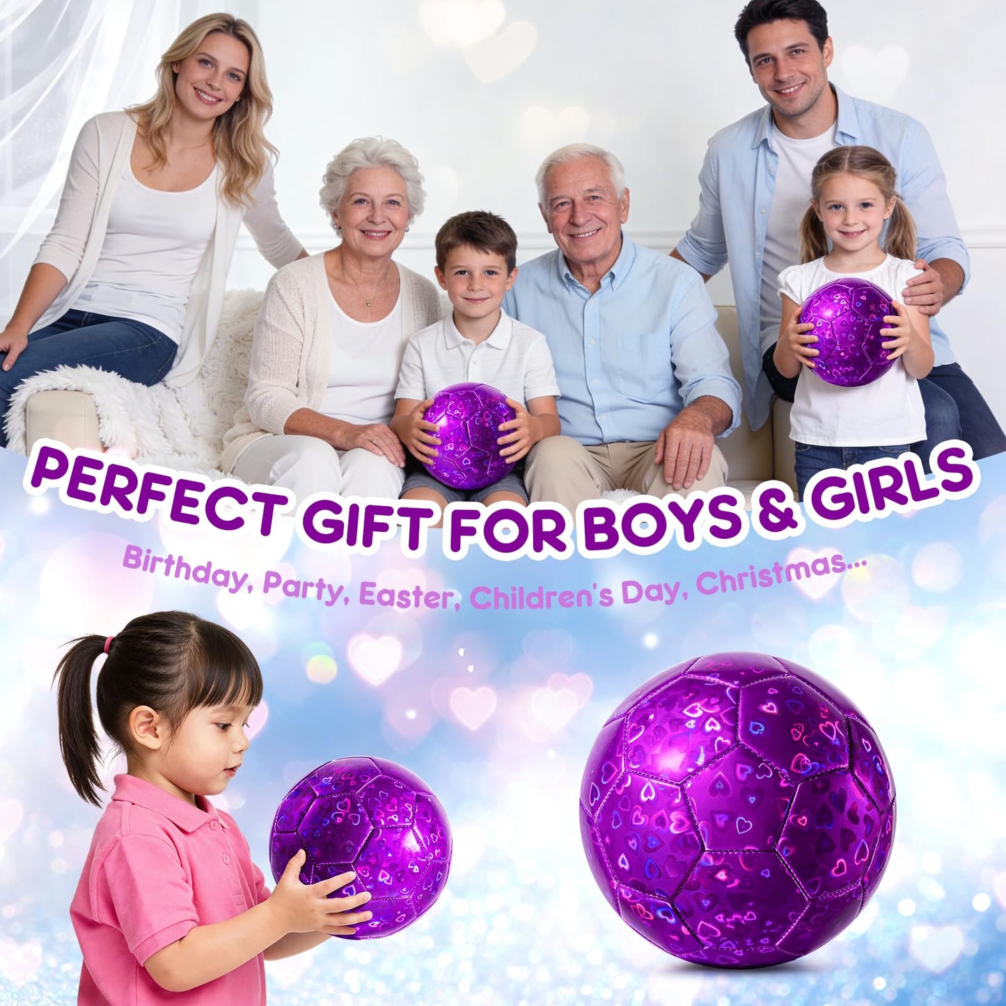 Paokoo Soccer Ball Size 3 - Glitter Purple Heart Training Ball Small Soft for Boys Girls 3-8 - Great Soccer & Birthday Gift for Toddlers & Kids Back to School Indoor Outdoor Games