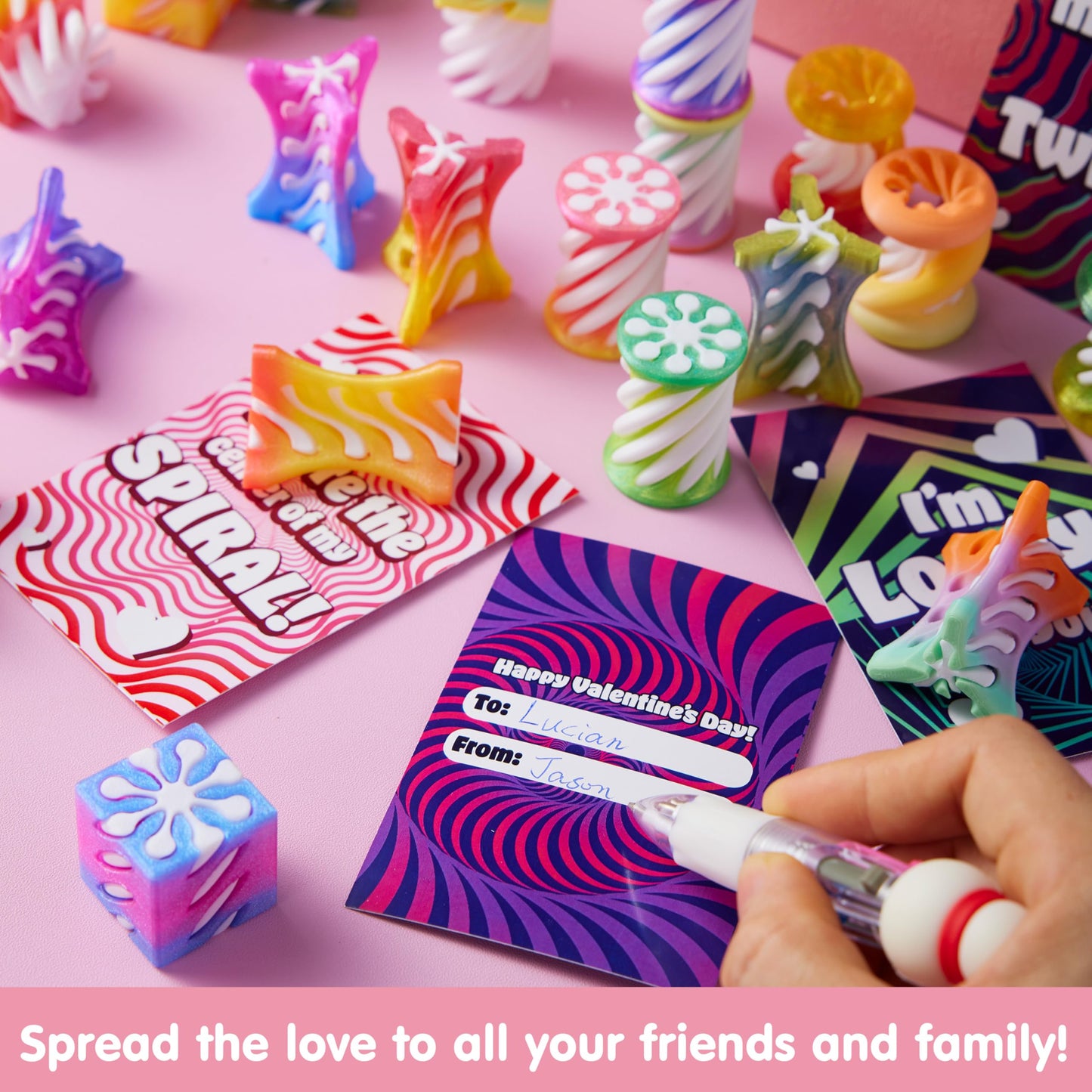 JOYIN 28 Pcs Valentines Day Gift Impossible Spiral Cone Stress Toy with Valentine Cards, 3D Printed Passthrough Toy for Kids Valentine Party Favors Gift Classroom Exchange Boys & Girls