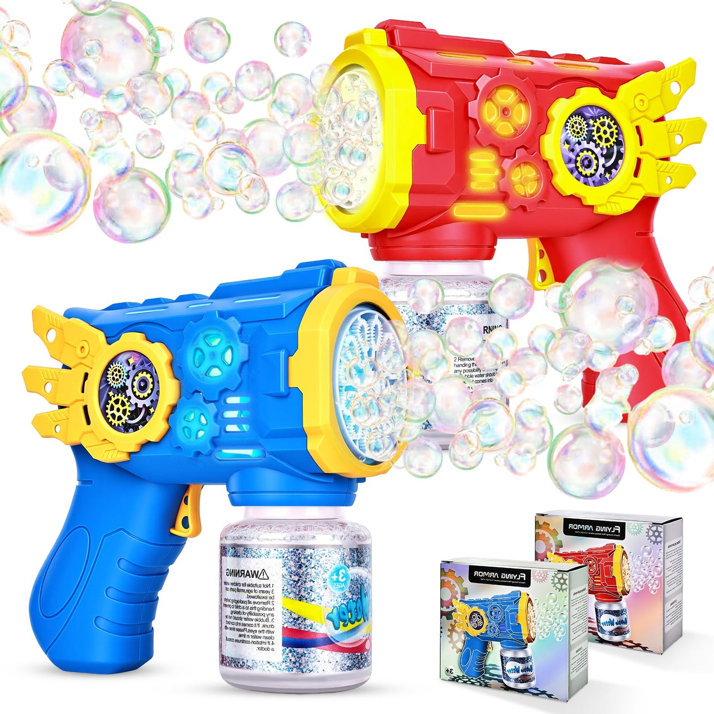 Bubble Gun for Kids with Lights, Automatic Bubble Blower Toy, Leak-Resistant Bubble Bottle, Bubble Guns for Kids Ages 3+, Fun Outdoor Bubble Guns for Parties, Backyard, Birthday Gifts, 2pcs Red+Blue