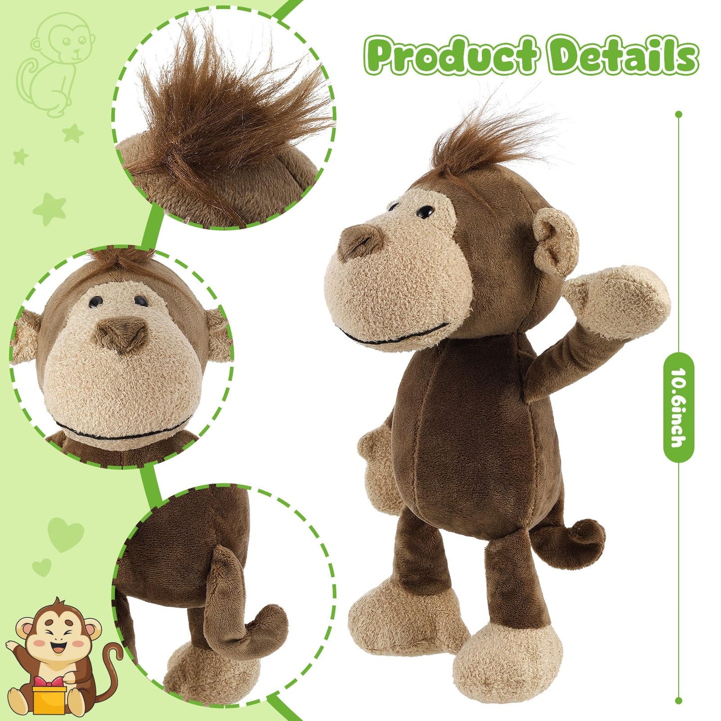 6 Pcs Safari Stuffed Animals Bulk Lion Elephant Monkey Tiger Toy Plush Zoo Animals Junble for Boy Girl Gift Animal Themed Parties Baby Shower Favor(Monkey)