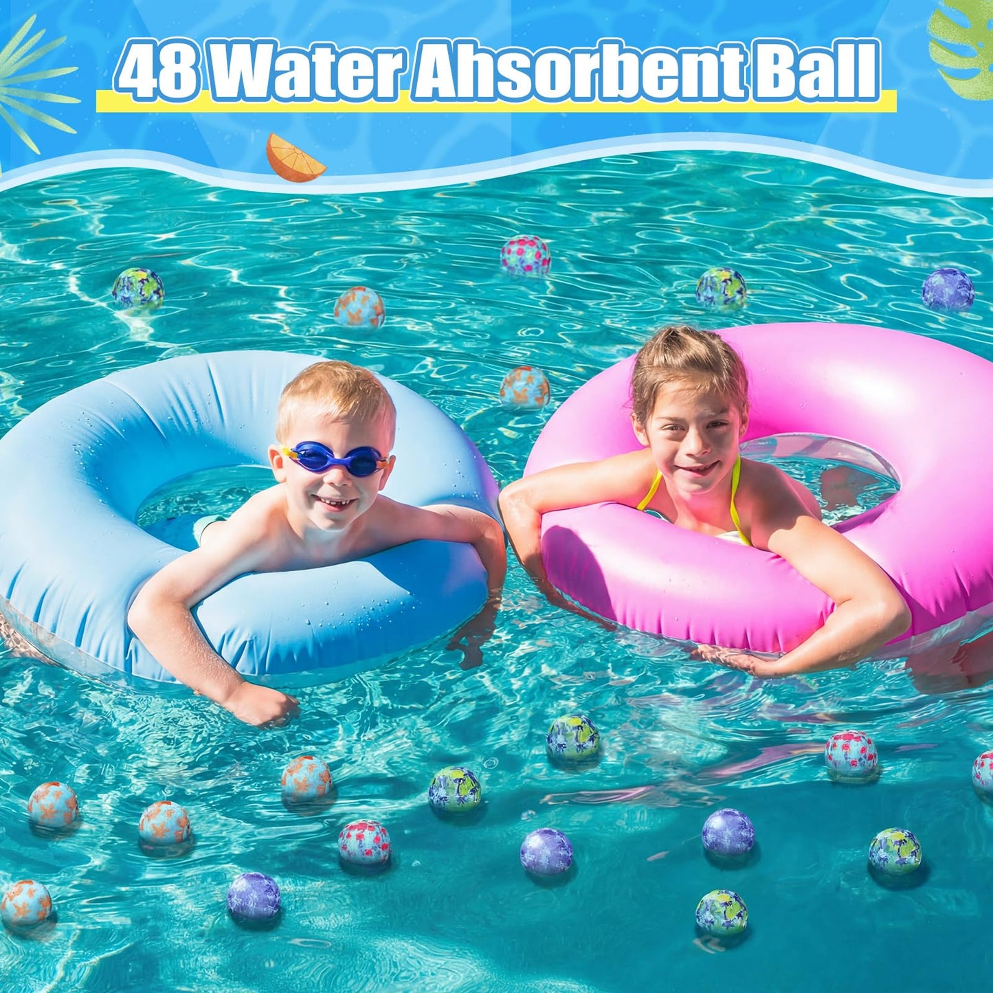 Vertintong 48 Pcs Reusable Water Float Balls Pool Beach Toys for Outdoor Summer Activities 2 Inch Splash Water Small Absorbent Balls Bulk for Adult Swimming Beach Soaking Game Party (Foloral)