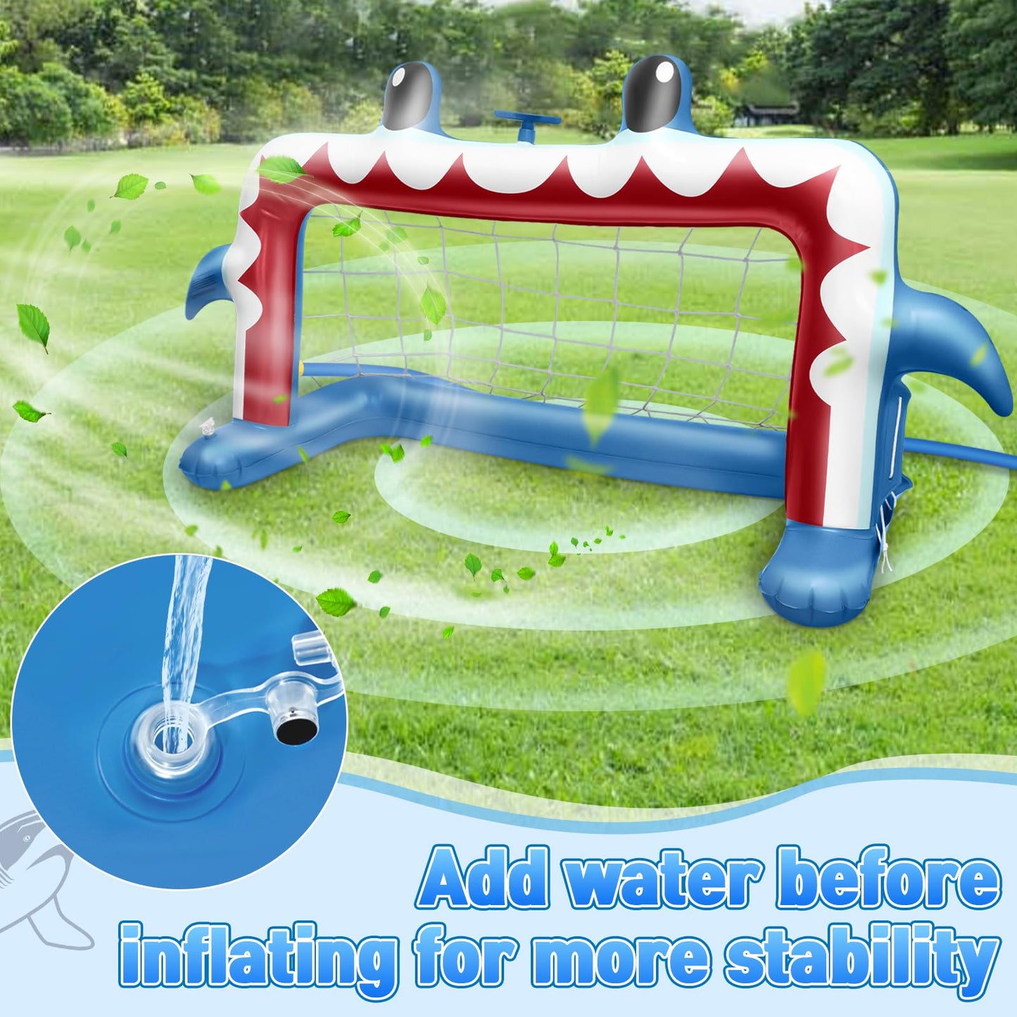 Intoypad Water Sprinkler Football Toys, Inflatable Shark Soccer Goal with Football for Pool Backyard Outdoor Play, Summer Water Games Outside Yard Pool Toys for Boys Girls Kids Ages 3-8