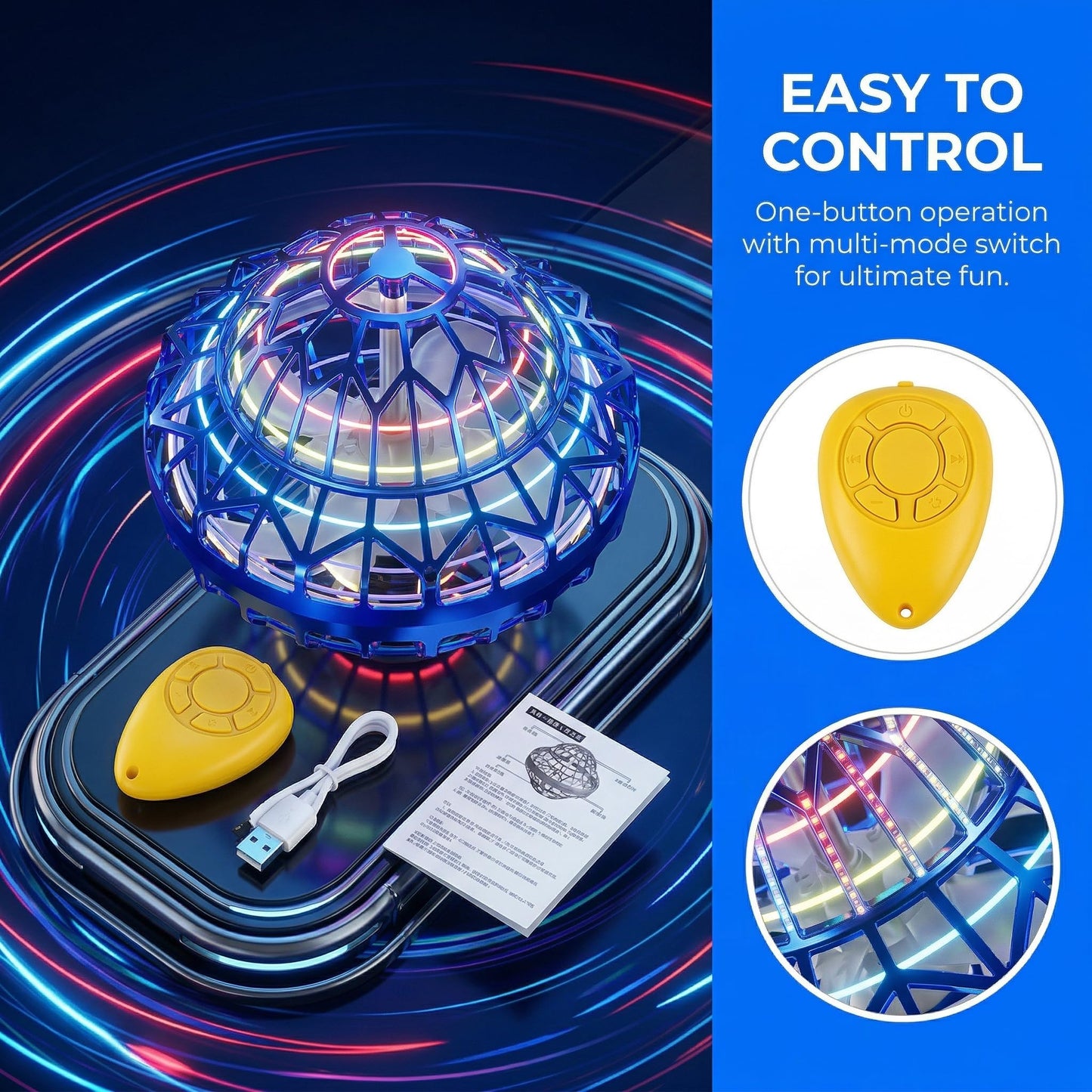 Flying Orb Ball, Hand Controlled Boomerang Hover Ball with RGB Lights, 360° Rotating Mini Drone, Rechargeable Spinner Toy for Ages 6+