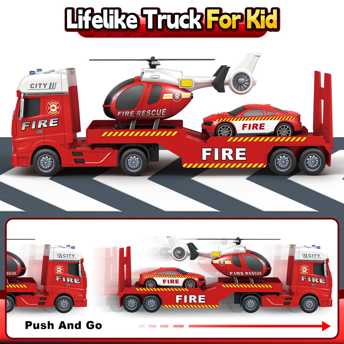 Kids Toys for 3 4 5 6 7 8 Years Old Boys, 25" Fire Truck Toy with Racing Car and Helicopter, Toddler Friction Powered Truck Vehicle Toy with Lights, Sounds for Boys Girls Christmas Birthday Gifts