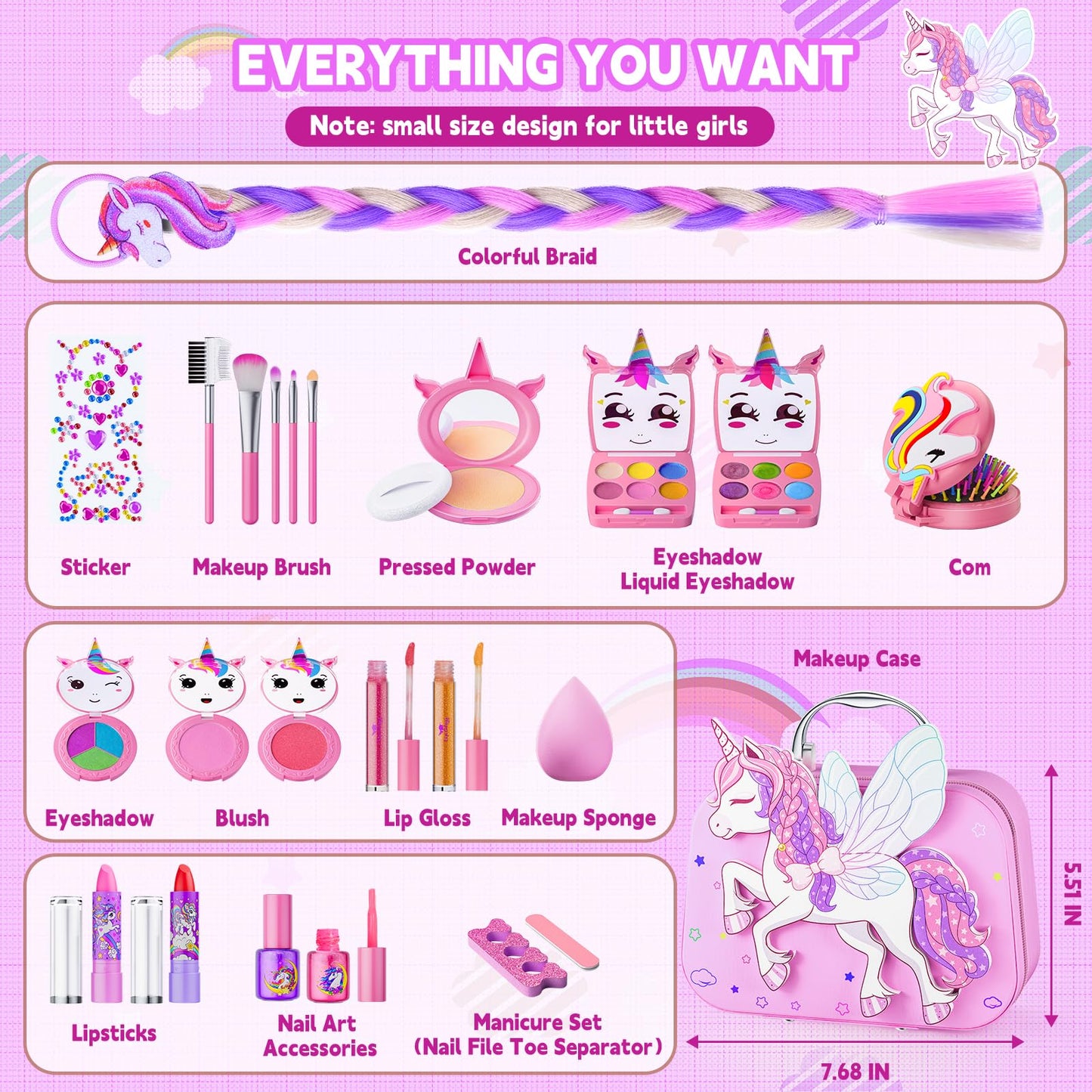 Beayuck Kids Makeup Kit for Girls - Girls Makeup Kit Toys, Real Washable Cosmetic Set with Storage Case, Kids Play Makeup Set for Christmas Birthday Gift 3 4 5 6 8 10 11 12+ Years Old, Light Pink