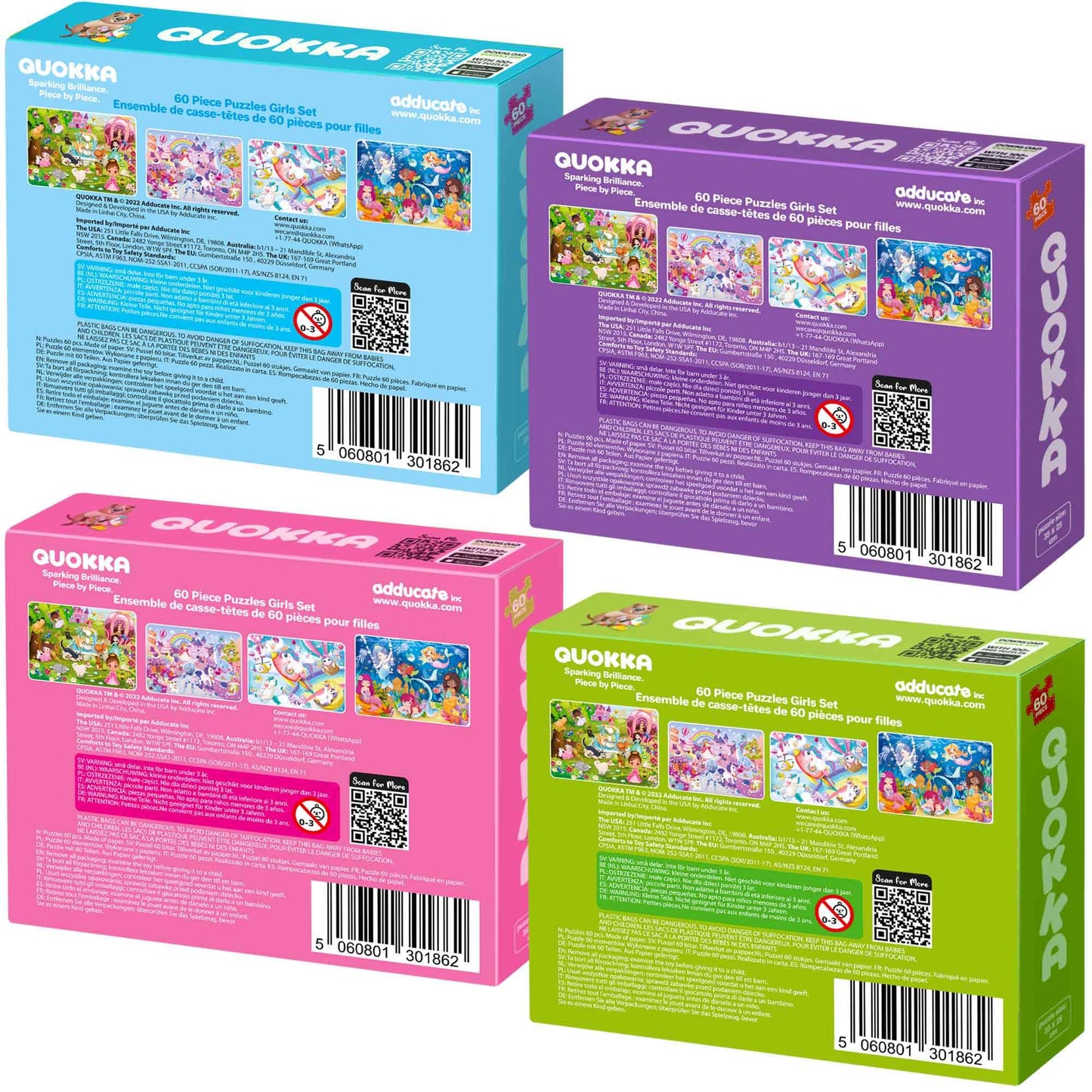 QUOKKA Puzzles for Kids Ages 4-6 - Set of 4x60 Jigsaw Puzzles for Toddlers 3-5 - Unicorn Princess Animals Toys for Children 6-8 yo - Gift Educational Game for Boys & Girls