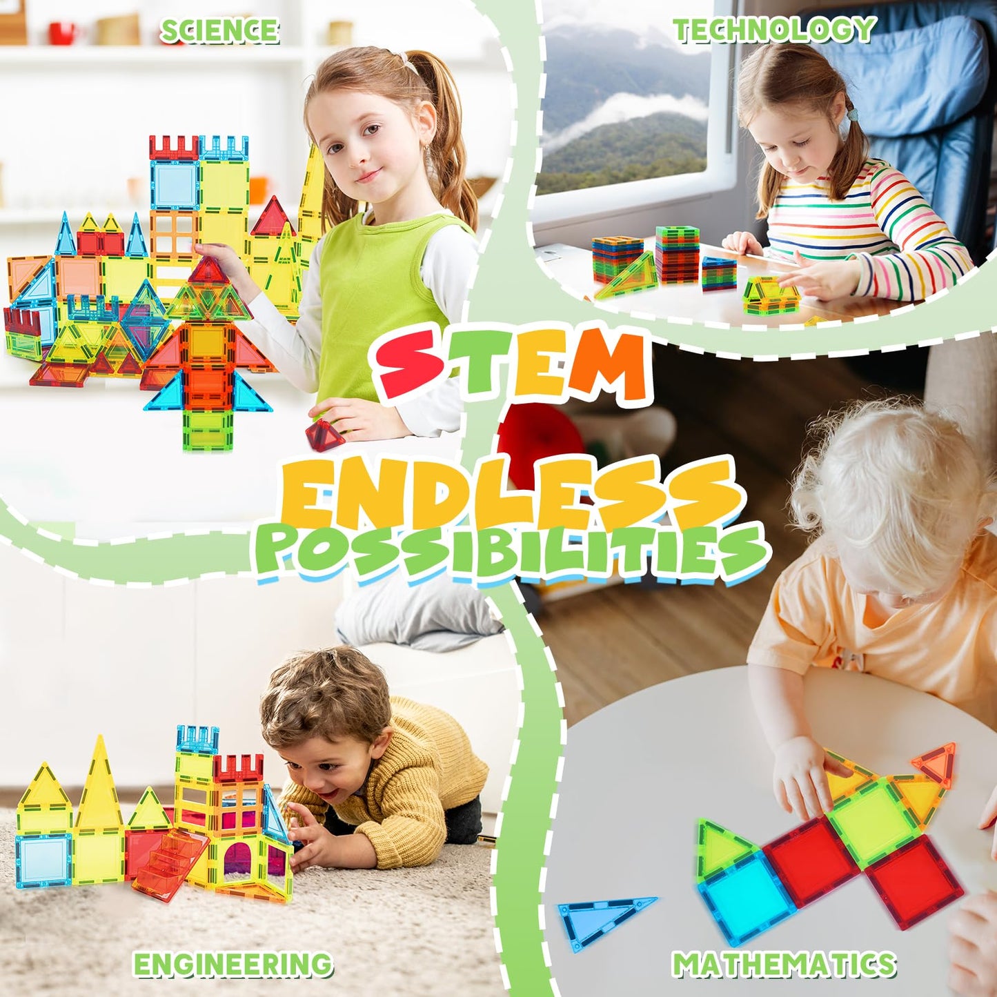 W WISE BLOCK Magnetic Tiles, 60 PCS Magnetic Tiles Building Set, Educational STEM Magnets Tile Toys for Boys Kids Toddlers Ages 3 4 5 6 7 8 9+ Year Old