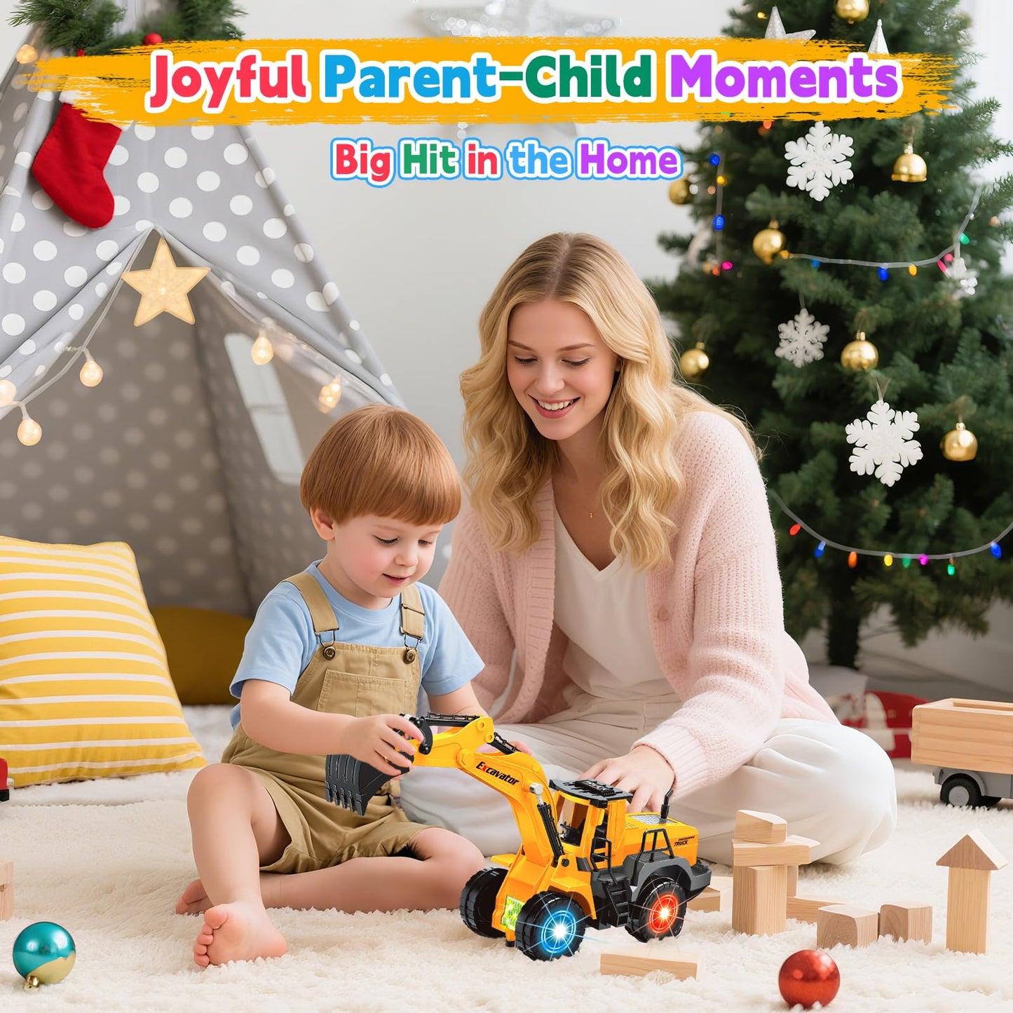 Car Toys for Toddlers, Excavator Toy with 2 Flashing Lights Music, Toy Trucks Construction Vehicle with 1 Moving Arm, Baby Toys for 3 4 5 6 Year Old Boys, Kids Valentine's Day Easter Birthday Gifts