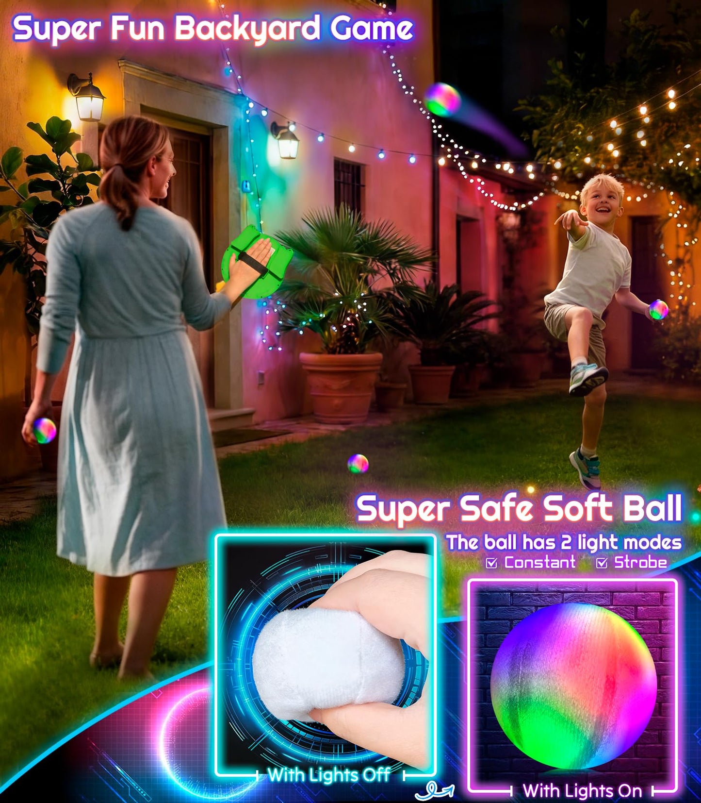 Elecdemic 3D LED Light Up Toss Catch Ball Game Set Outdoor Toys Baseball Tennis Gifts Camping Party Glow in the Dark Throw Paddle Age 3 4 5 6 7 8 9 10 11 12 Year Old Boy Girl Kid Adult Family Birthday