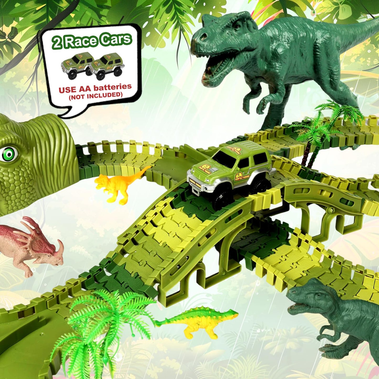 Dinosaur Track Toys, 266 PCS Dinosaur Toys for Kids 3-5 Create A Dinosaur World Road Race Tracks, 2 Dinosaur Cars Flexible Train Track Set, Birthday Gifts 3 4 5 6 7 Year Old Boys Girls